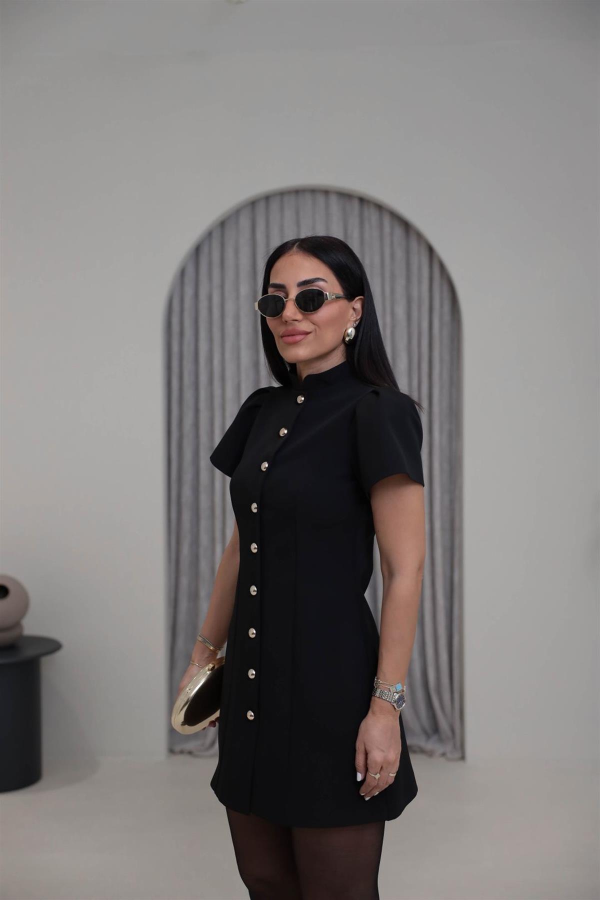 1283 Hakim Yaka Balon Kol Gold Düğmeli Mini Elbise SİYAH