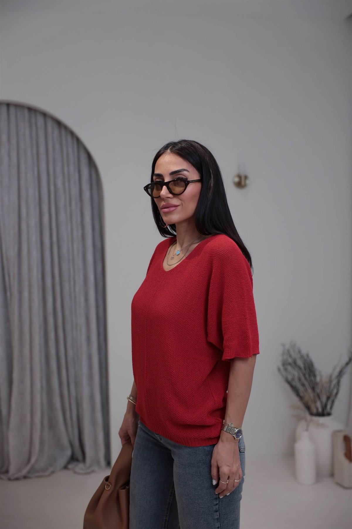 0174 Ajurlu Yarasa Kol Bluz KIRMIZI