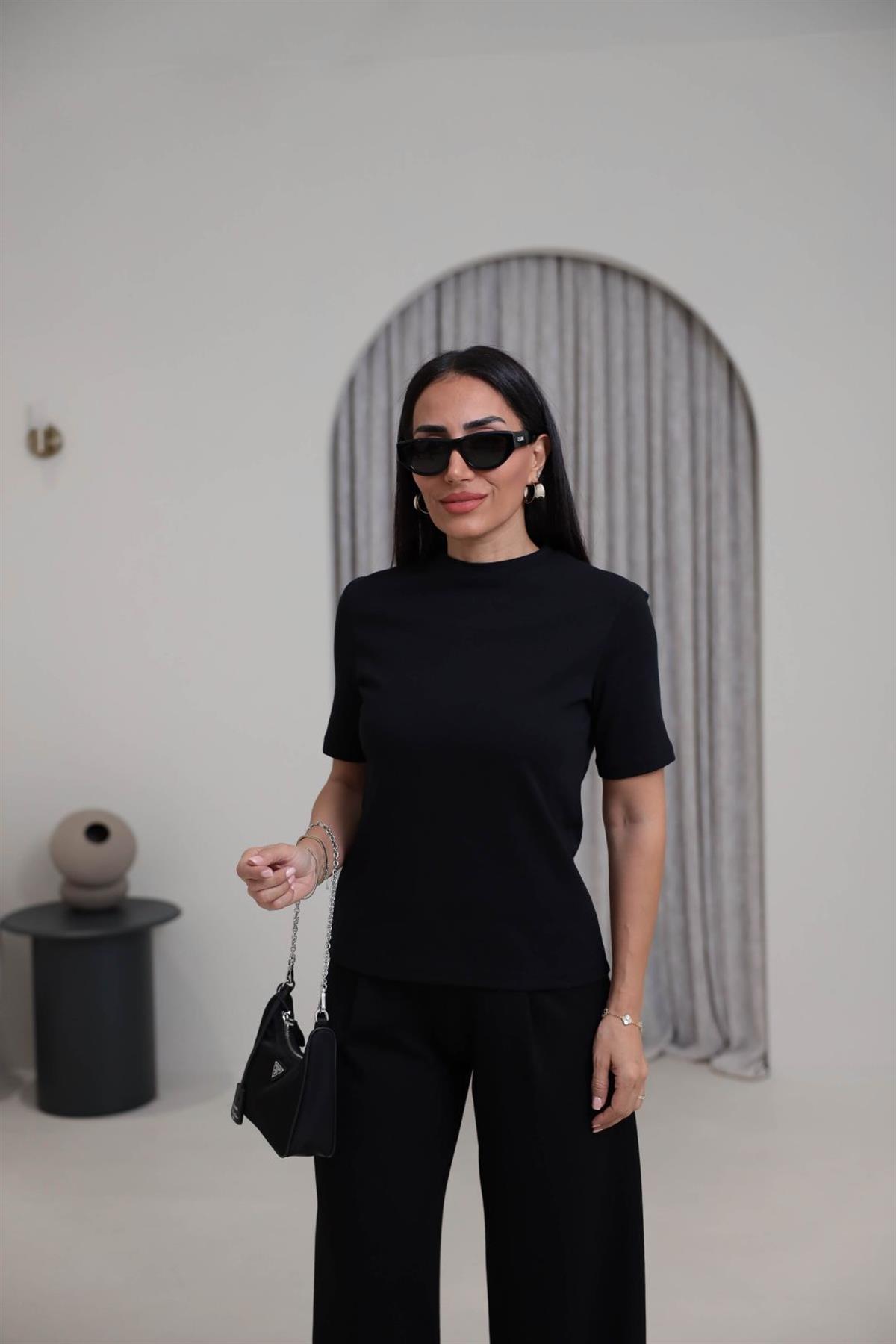 1075 Bisiklet Yaka Pamuklu Basic Tshirt SİYAH