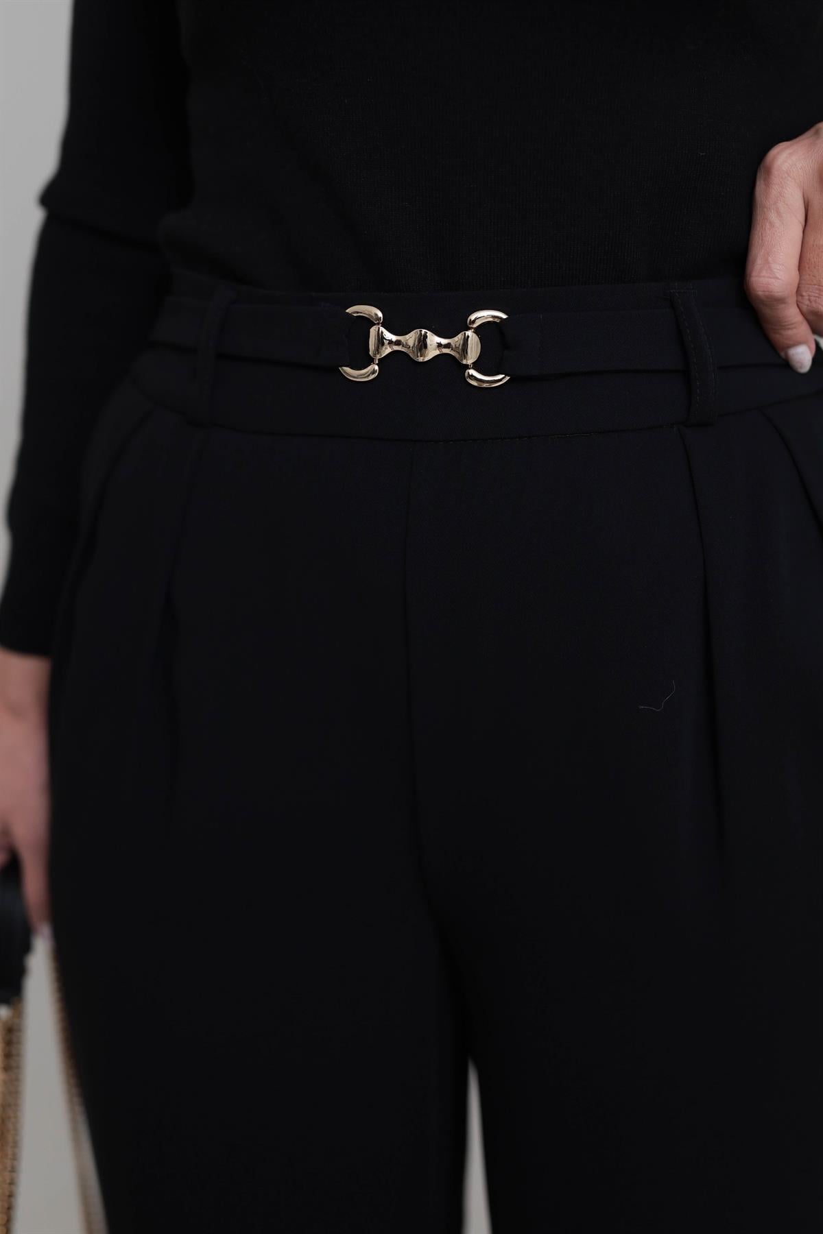 3704 Gold Aksesuarlı Bel Lastikli Salaş Pantolon SİYAH