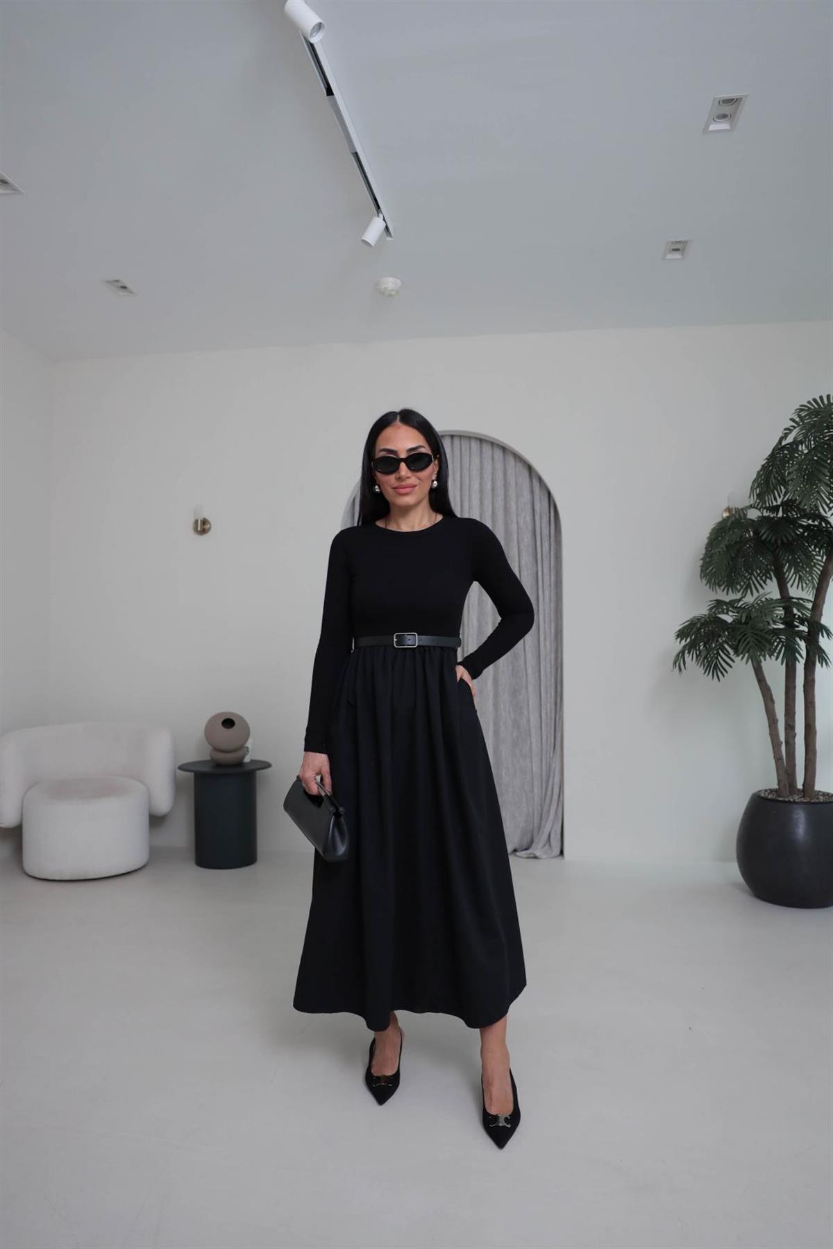 2018 Kemerli Kaşkorse Uzun Kol Elbise SİYAH