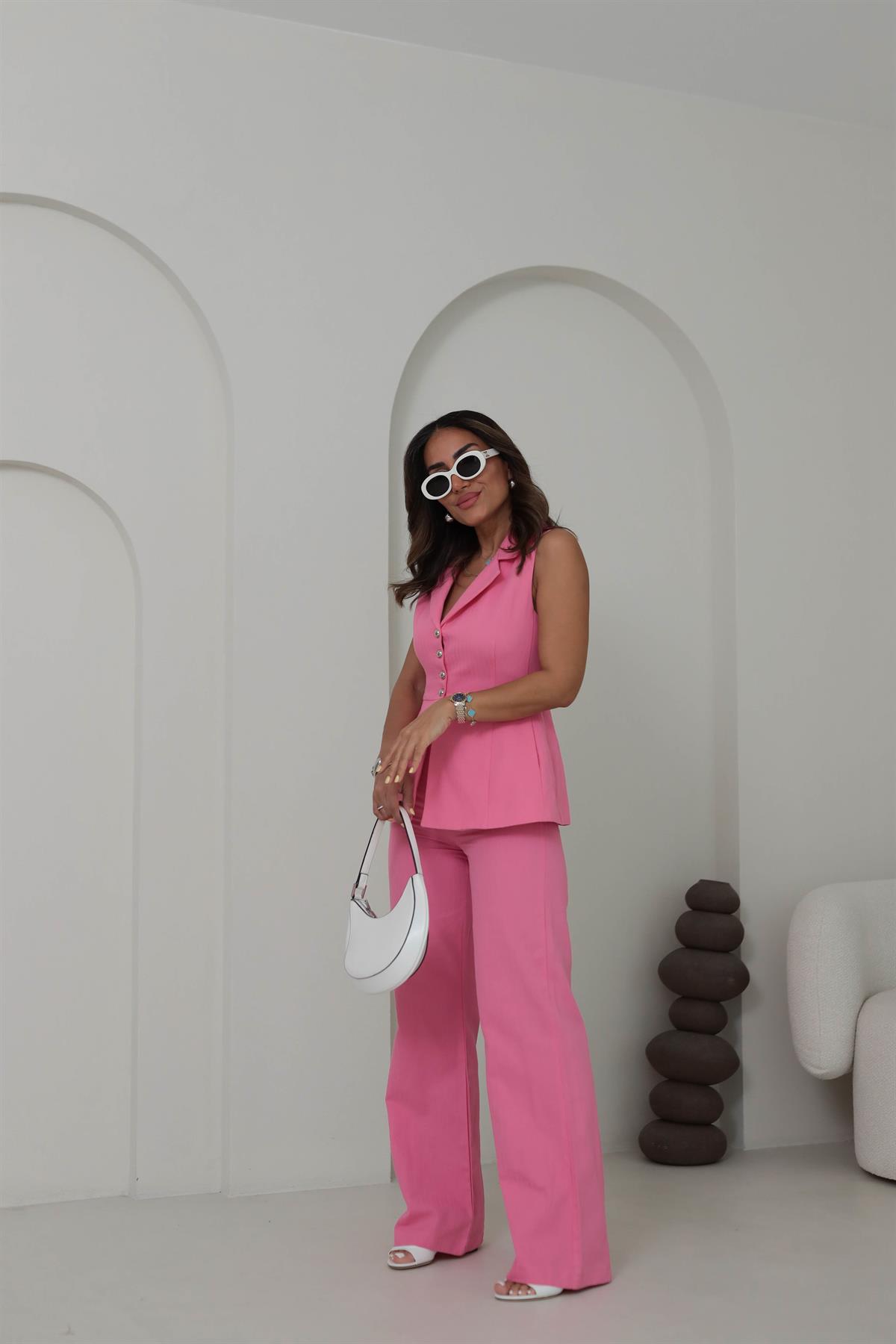 9206 Yıkamalı Keten Yelekli Takım PEMBE