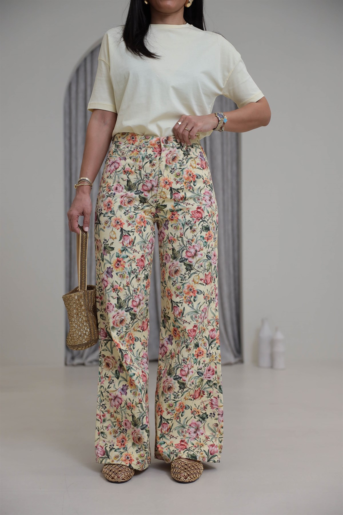 1033 Çiçek Desenli Yüksek Bel Kot Pantolon SARI