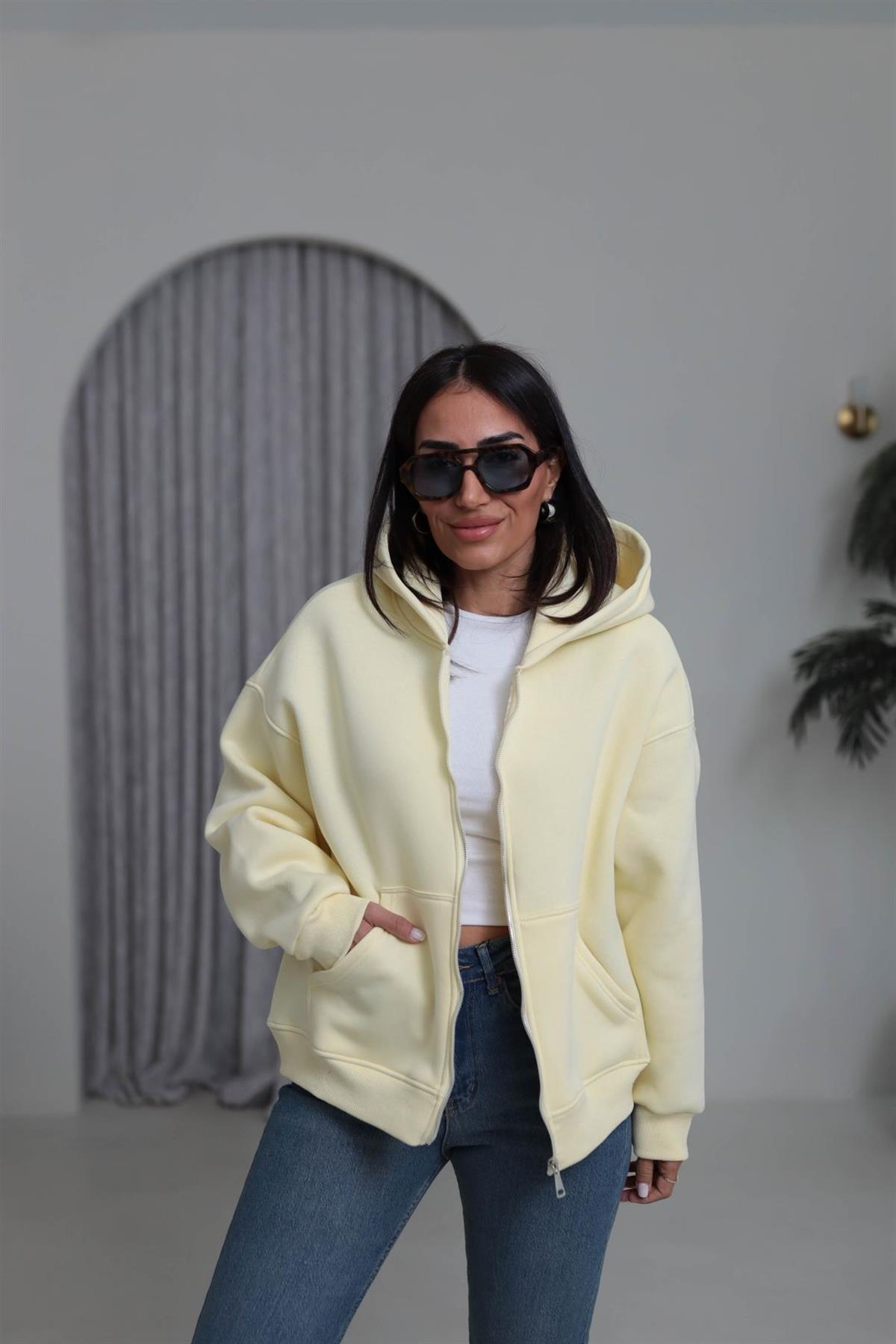 0822 Kapüşonlu Fermuarlı Şardonlu Sweatshirt SARI
