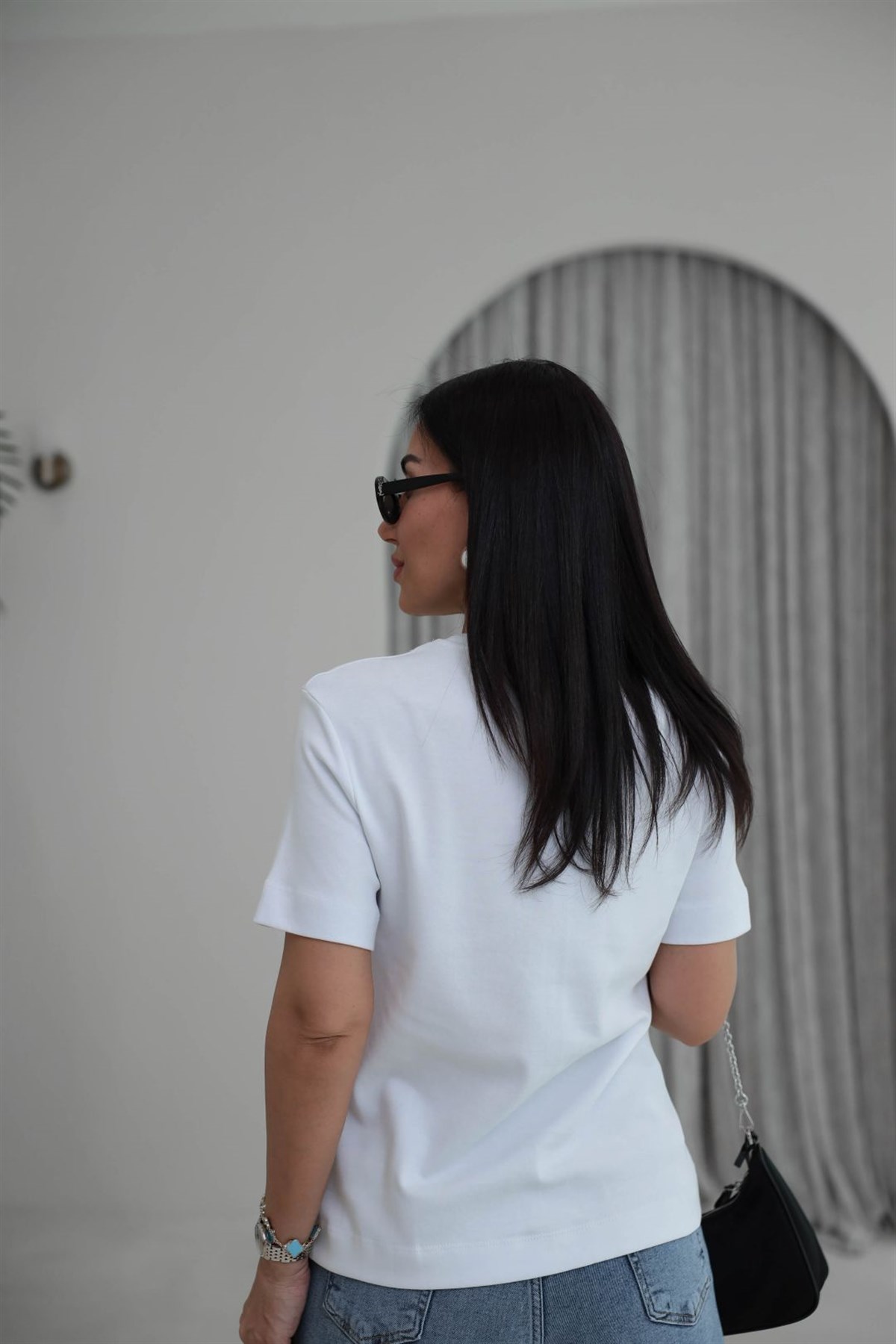 0224 Yakası Taşlı Pamuklu Massi Tshirt BEYAZ