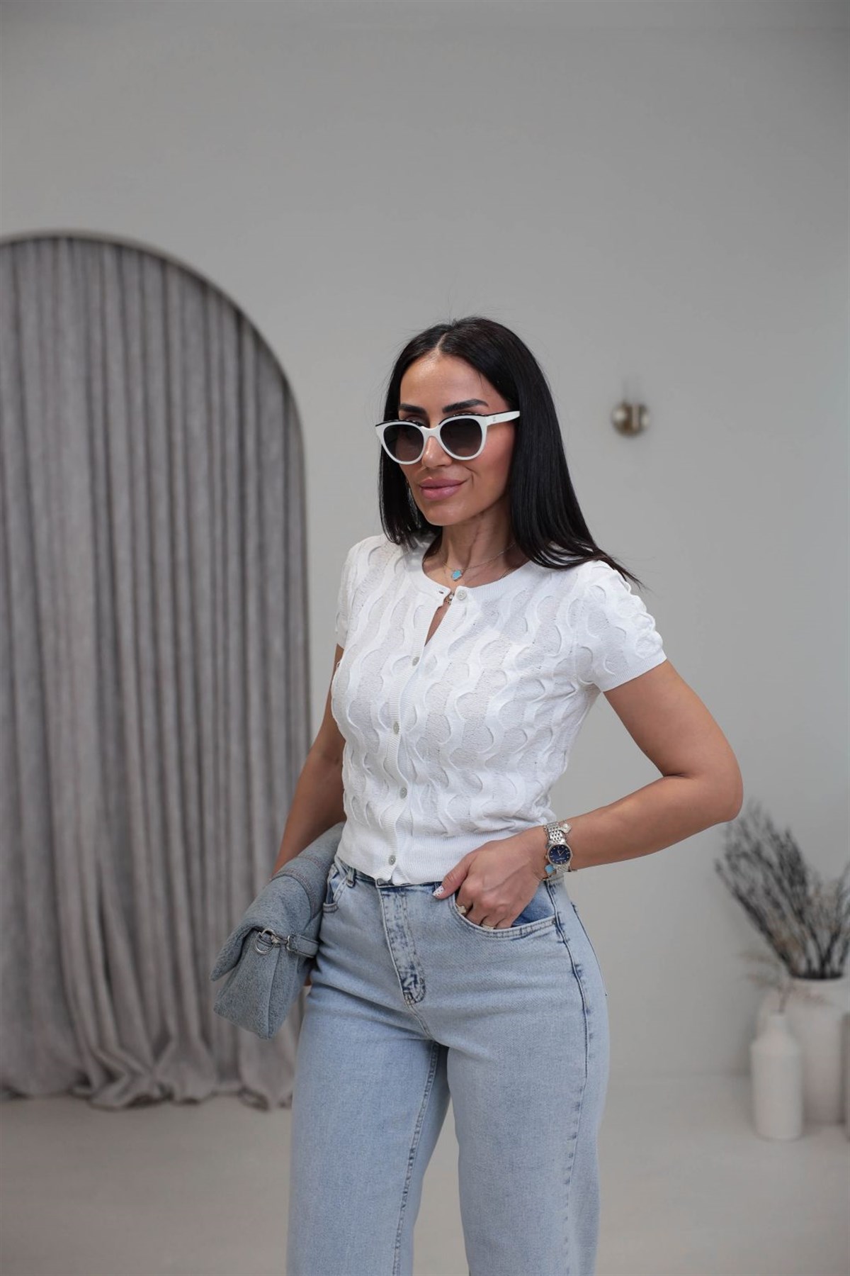 0980 Bisiklet Yaka Dokulu Düğmeli Triko EKRU