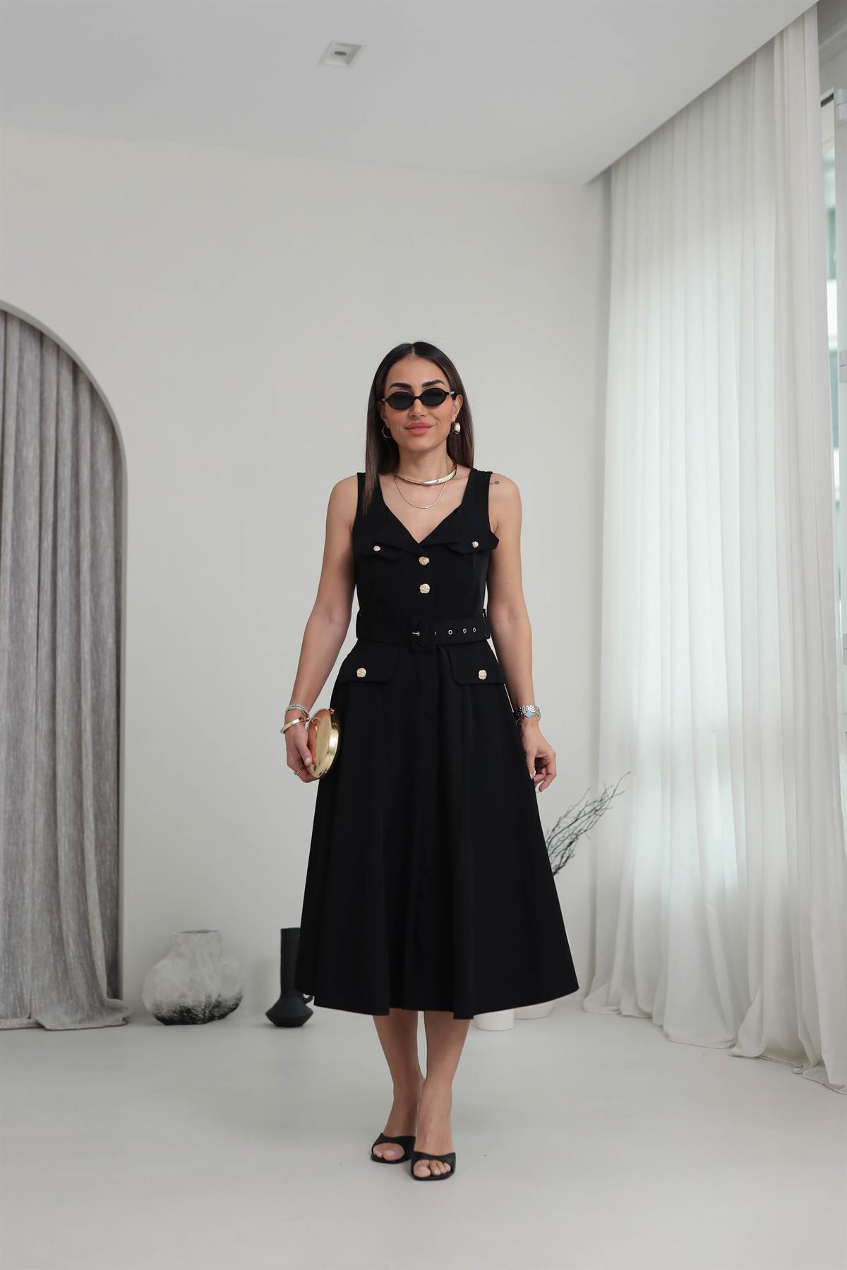 Kare Yaka Gold Düğmeli Cep Kapaklı Elbise SİYAH