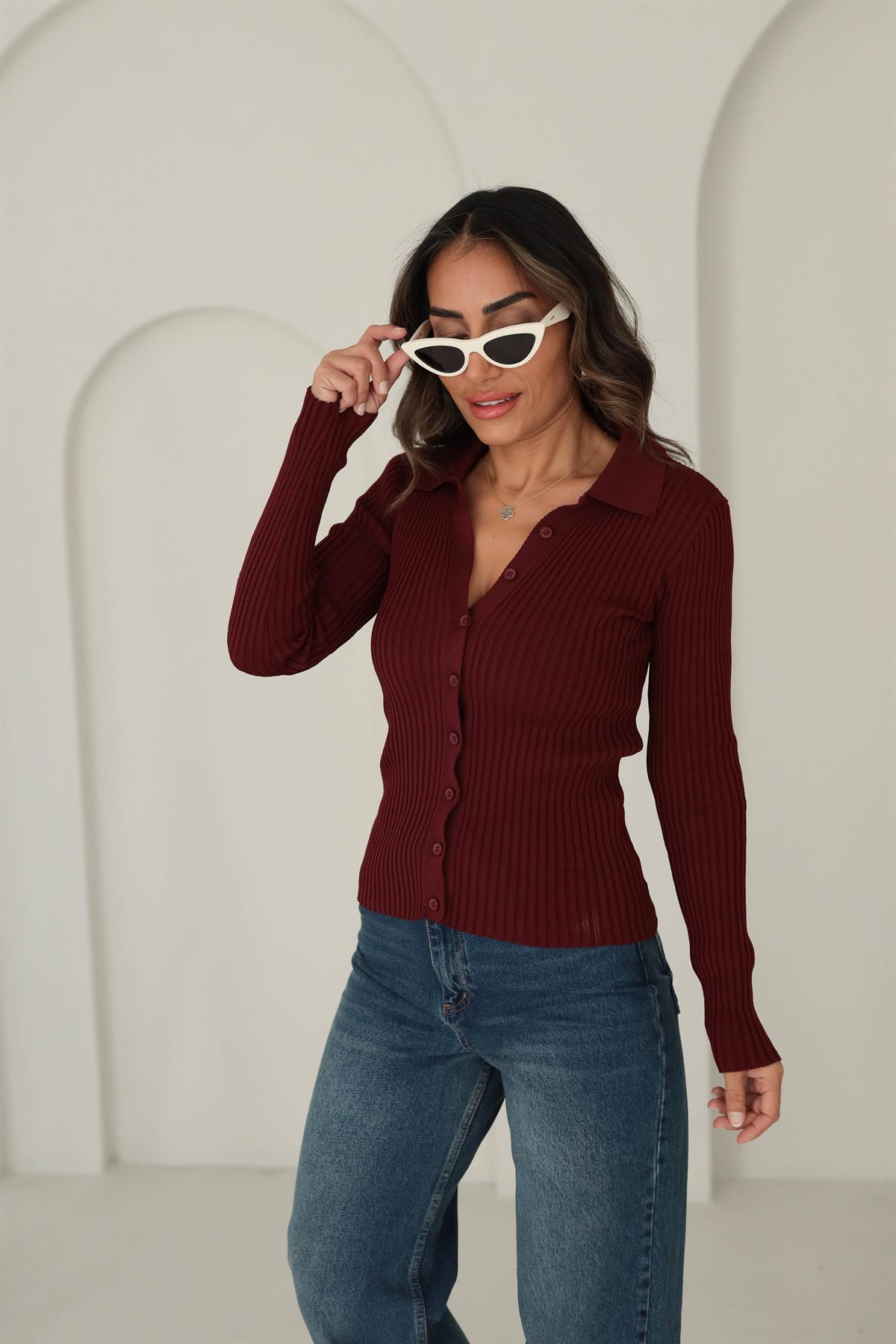 0701 Polo Yaka Fitilli Triko Hırka BORDO