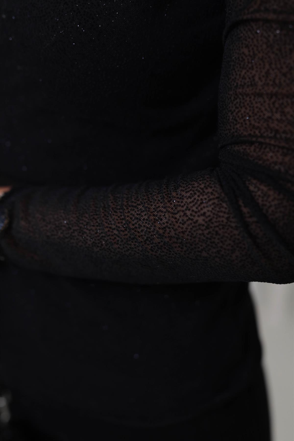 9406 Parıltılı Dik Yaka Transparan Bluz SİYAH