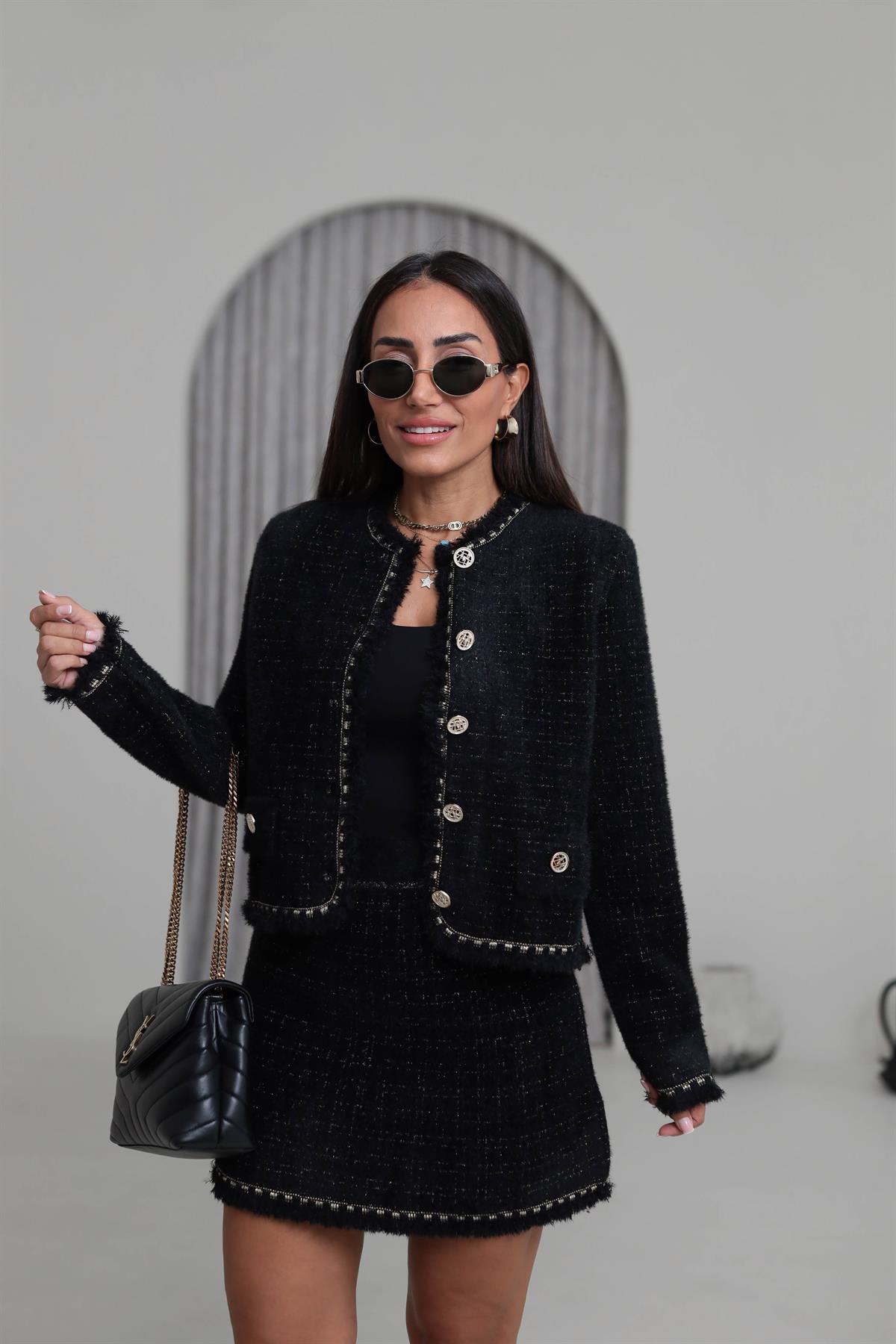 0419 Püskül ve Sim Detaylı Angora Ceket SİYAH