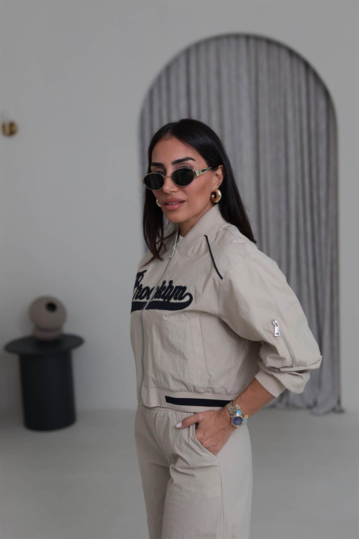 0776 Kol Ribanalı Paraşüt Kumaş Ceket BEJ