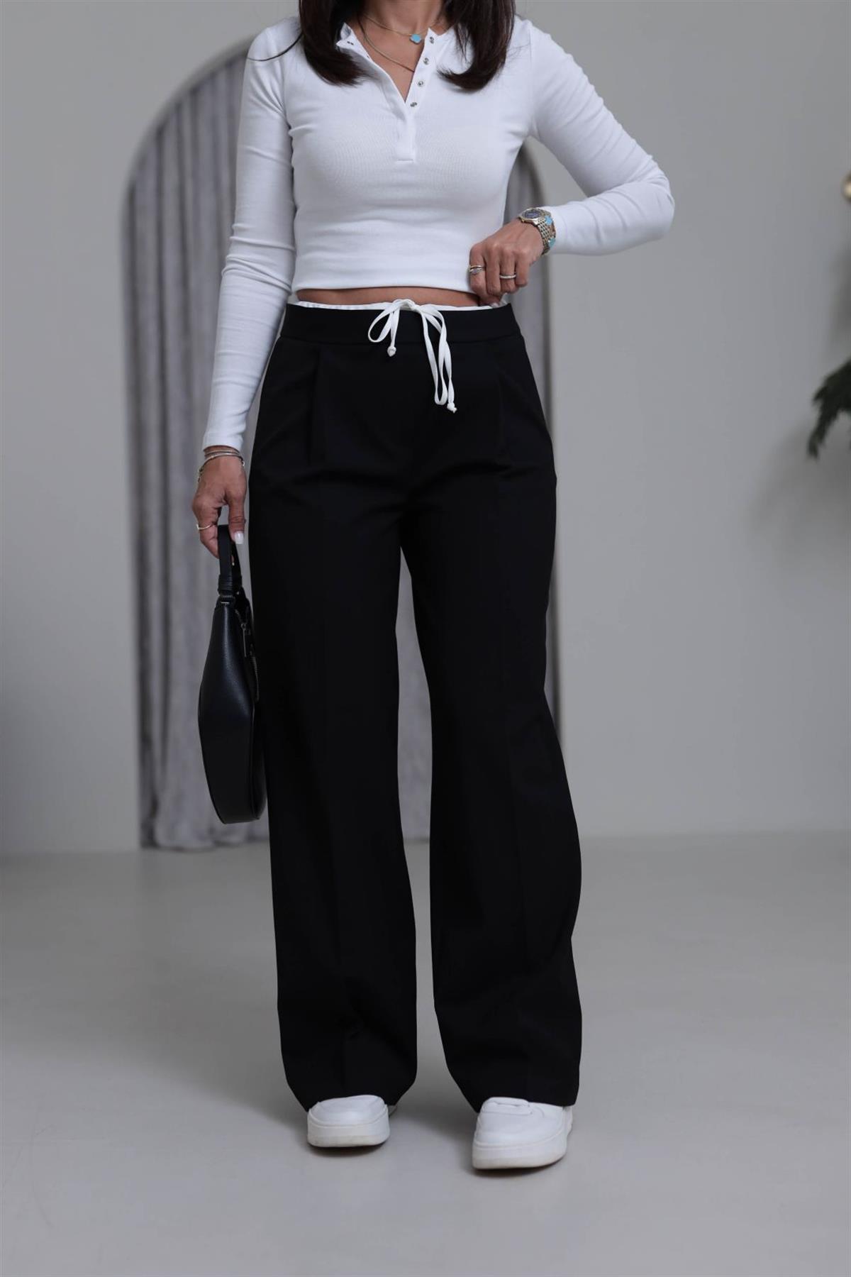 5179 Bel Detaylı Bağcıklı Kumaş Pantolon SİYAH