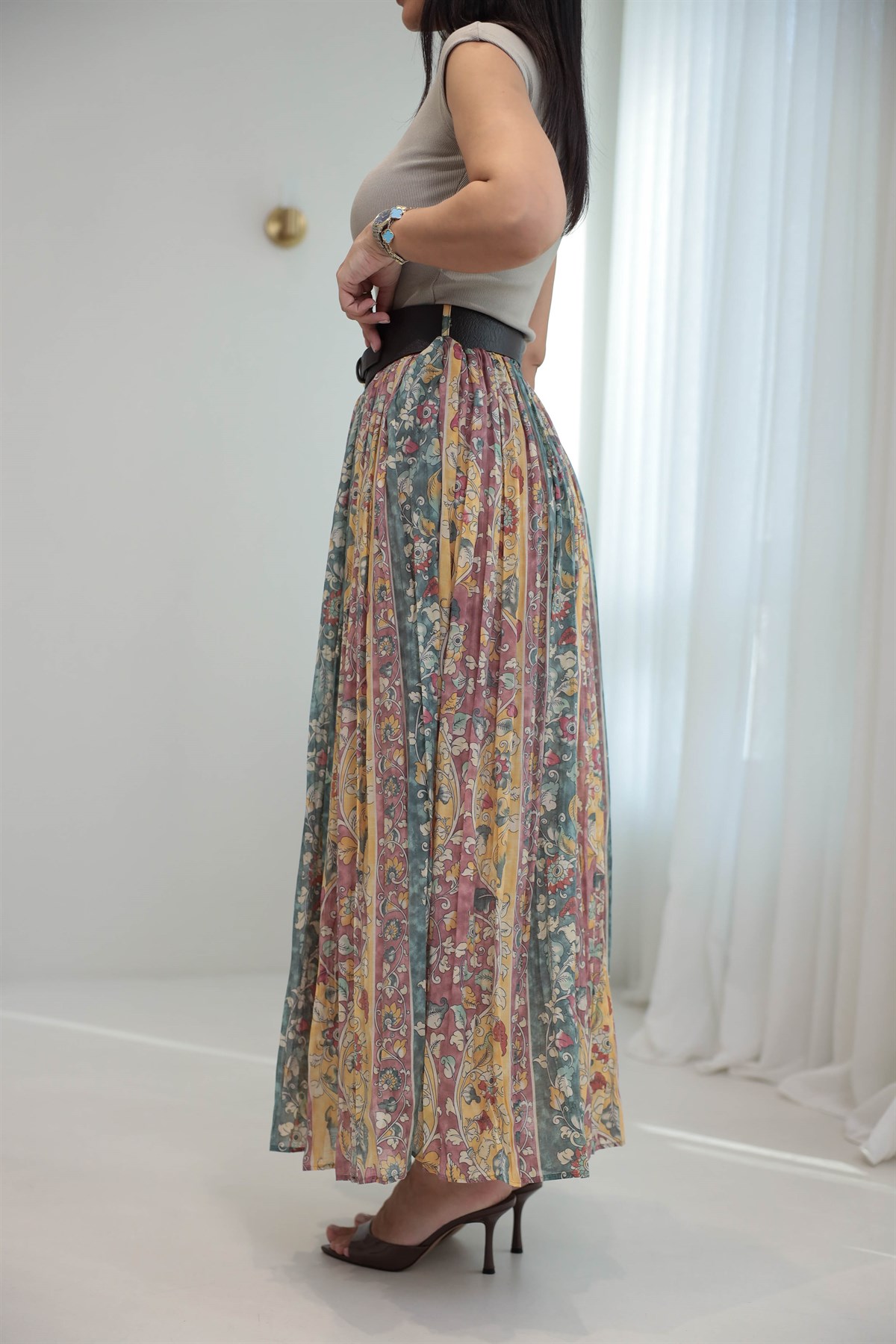 3374 Kemerli Pliseli Desenli Maxi Etek YEŞİL