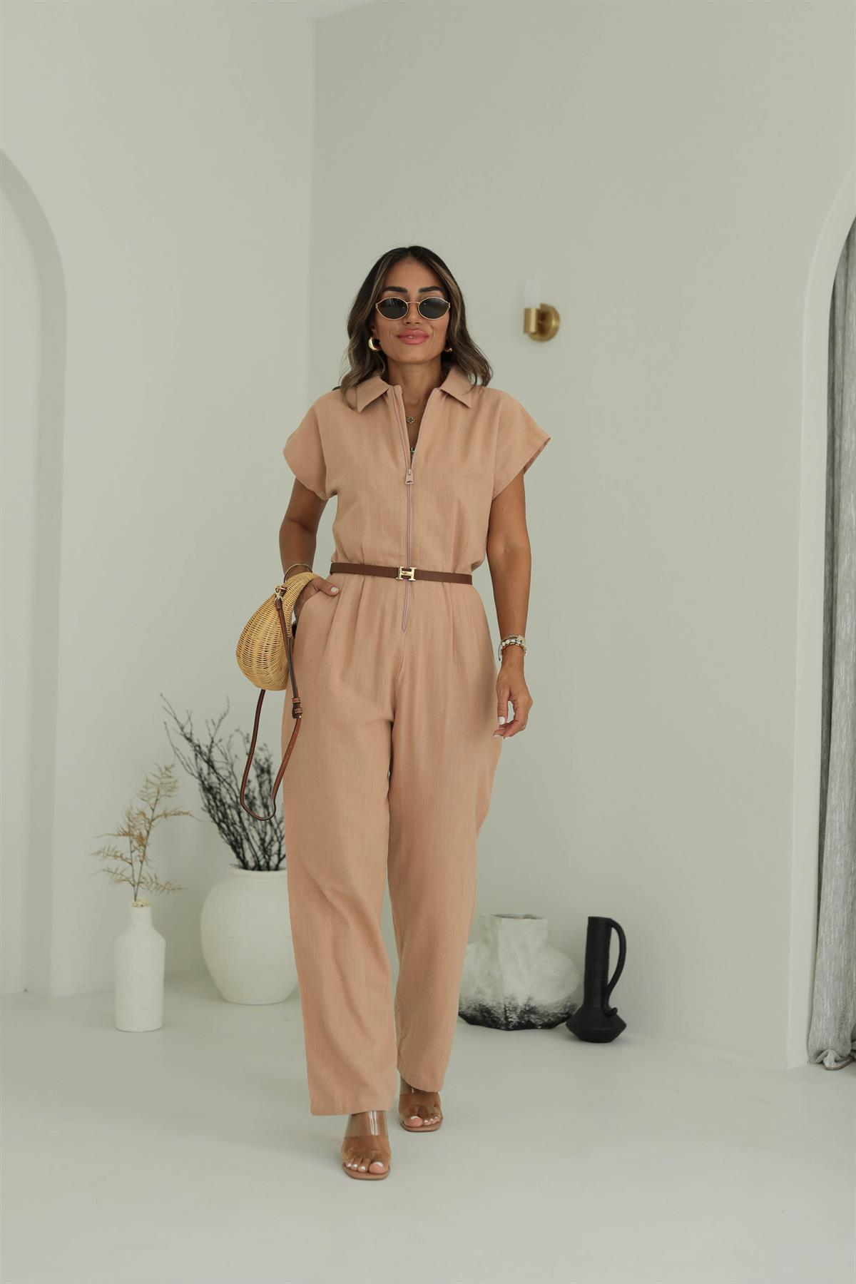 1310 Önden Fermuarlı Keten Tulum