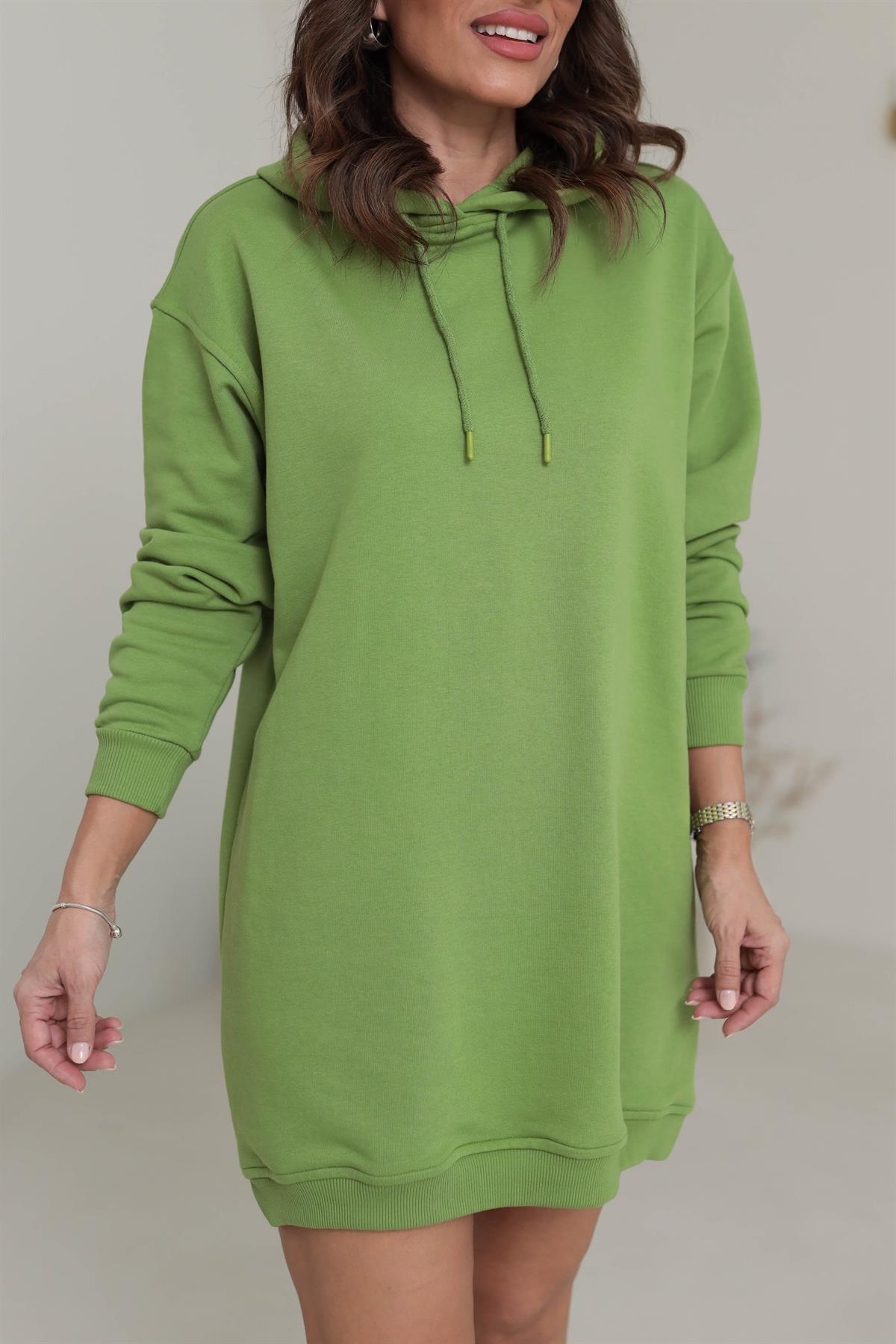 1231 Kapşonlu Sweat Elbise FISTIK YEŞİLİ