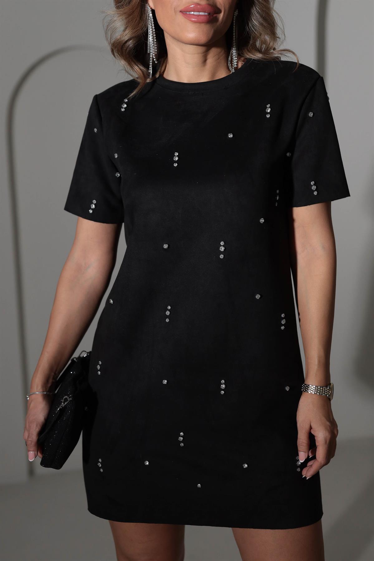107 Nubuk Taş İşlemeli Elbise SİYAH