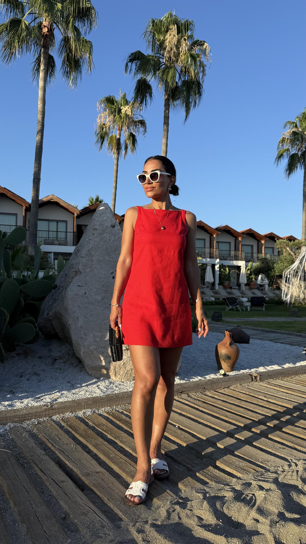 4140 Halter Yaka Astarlı Keten Mini Elbise KIRMIZI