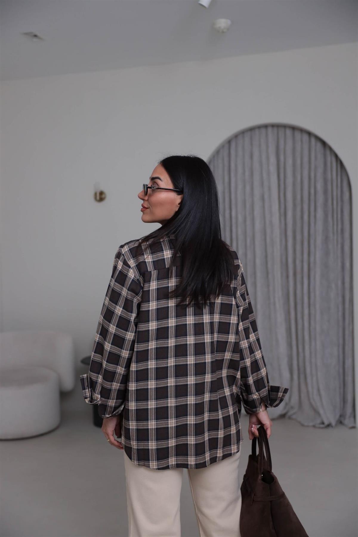 7124 Ekose Desen Pamuklu Oversize Gömlek KAHVE
