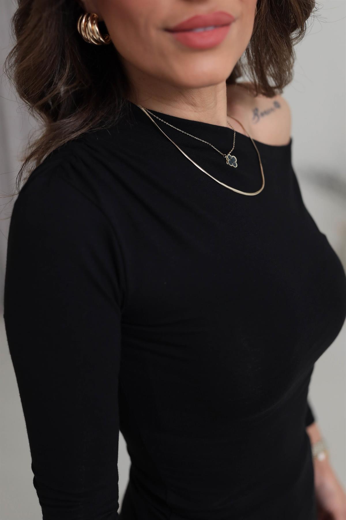 1001 Omuz Drape ve Dekolte Detaylı Bluz SİYAH