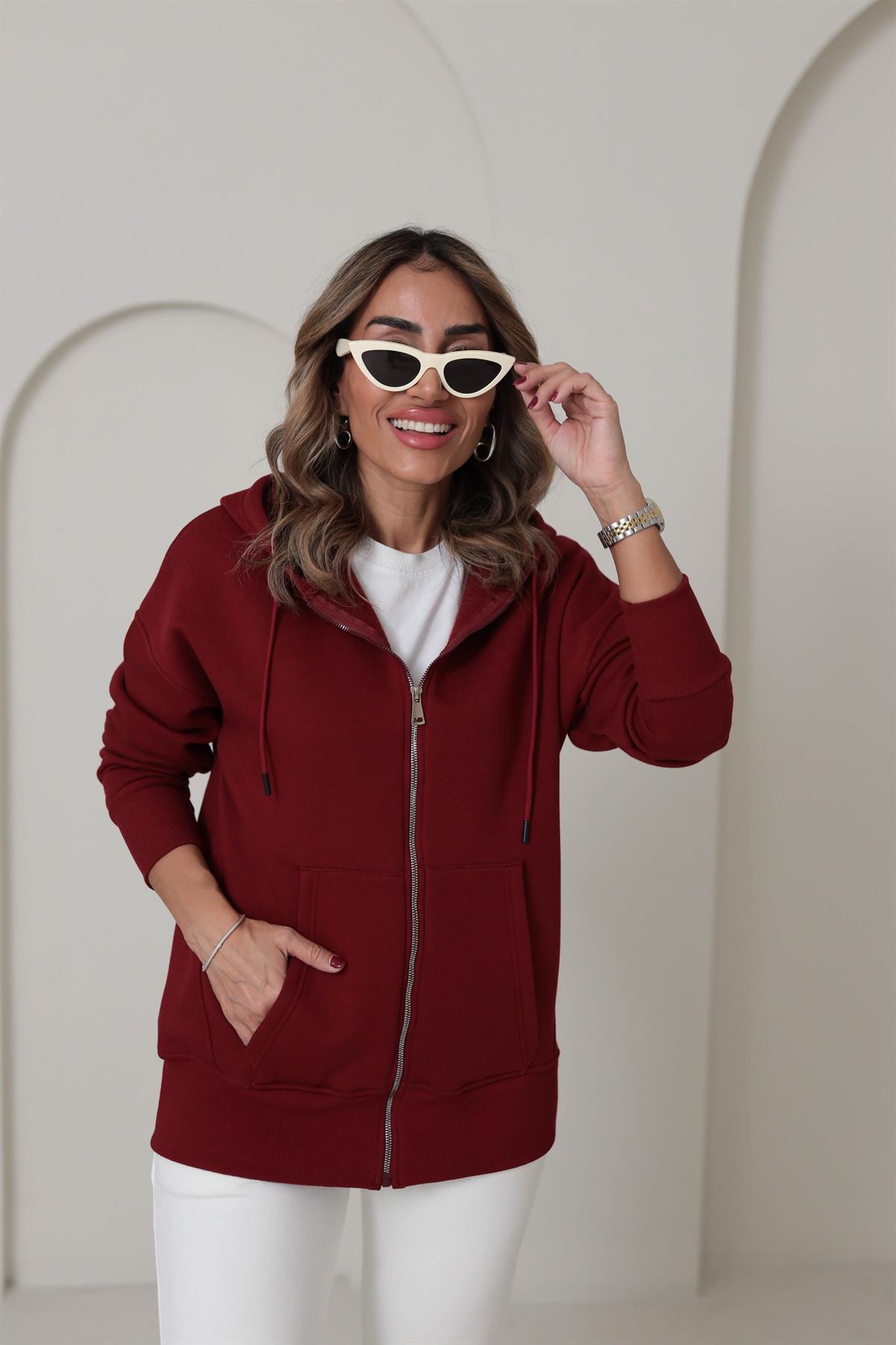 0068 Kapşonlu Fermuarlı Sweatshirt BORDO