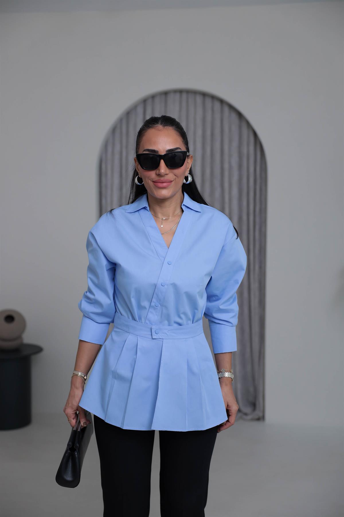 7066 Tasarım Poplin İkili Gömlek Takım MAVİ