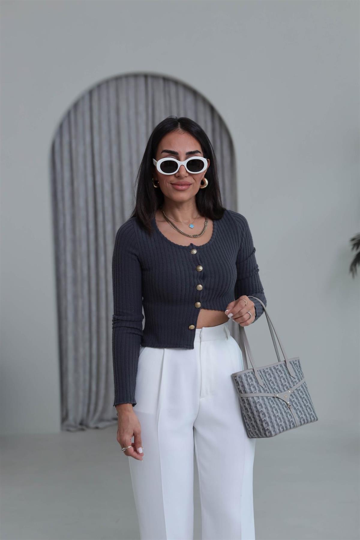 2074 Fitilli Triko Gold Düğmeli Hırka ANTRASİT