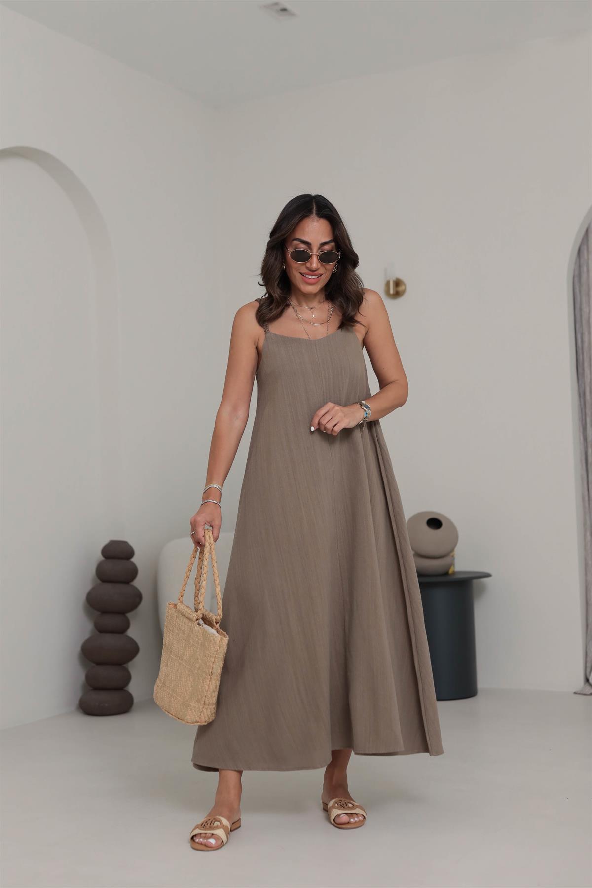 DXB Hasır Örgü Askılı Keten Elbise KAHVE