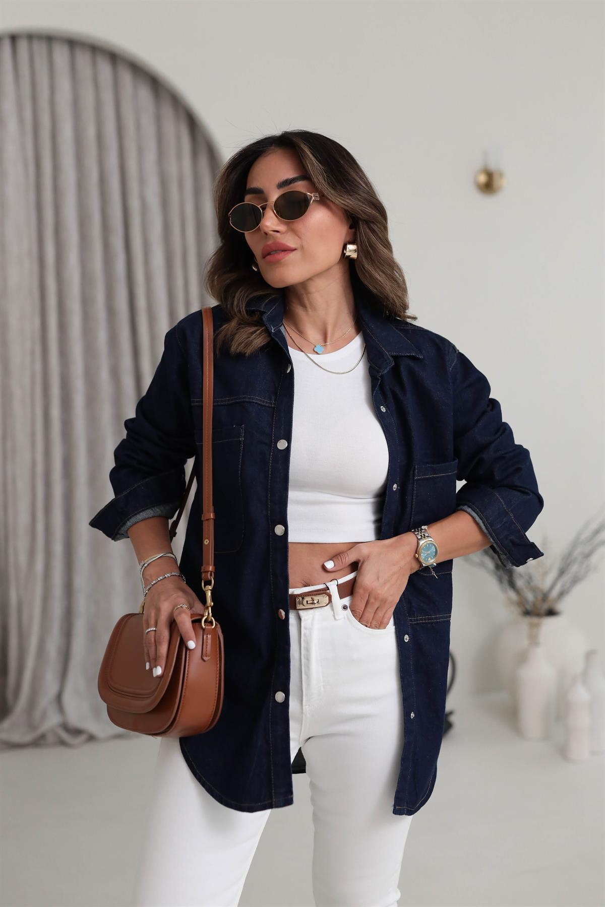 6016 Cep Detaylı Çıtçıtlı Denim Ceket KOYU LACİ