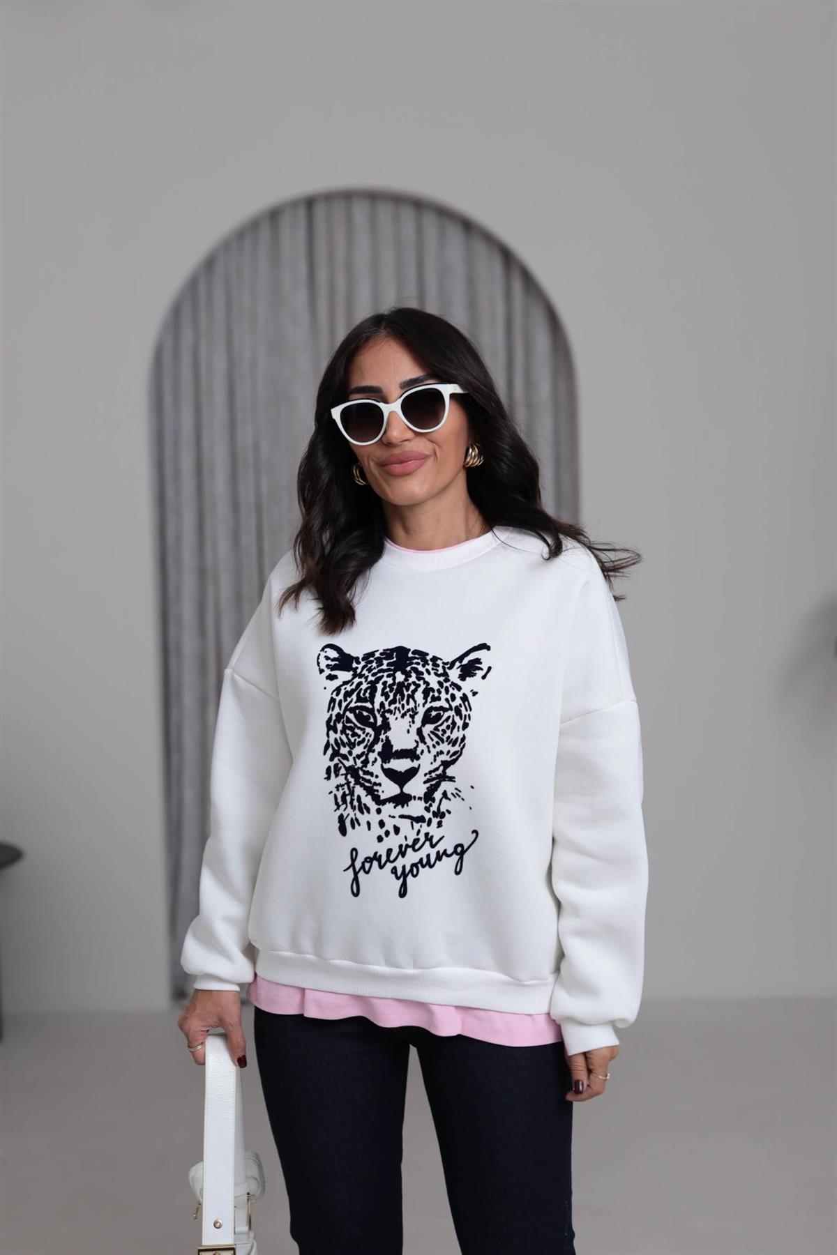0612 Leopar Baskılı Şardonlu Garnili Sweatshirt BEYAZ