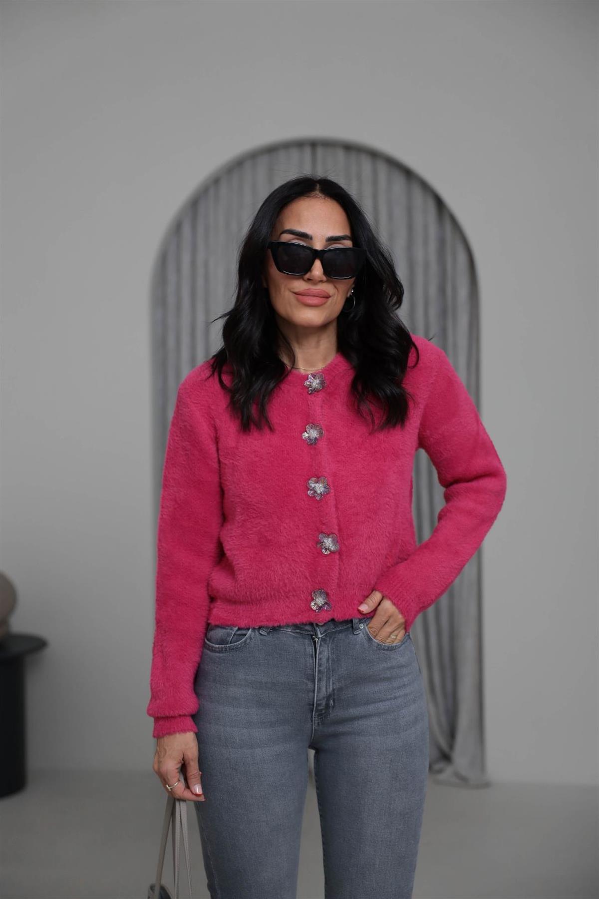 314 Çiçek Düğmeli Çıtçıtlı Yumoş Hırka FUŞYA