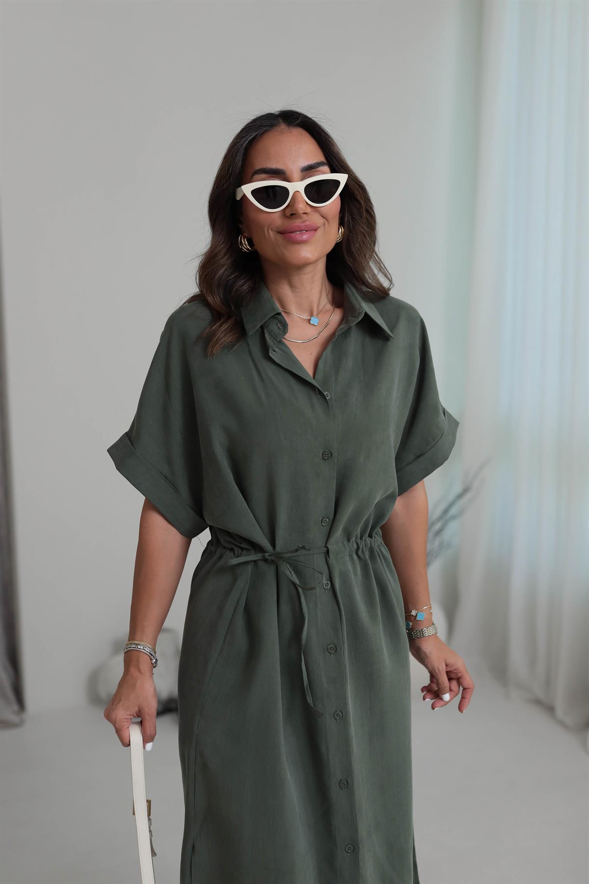 Bel Büzgülü Tencel Gömlek Elbise HAKİ YEŞİL