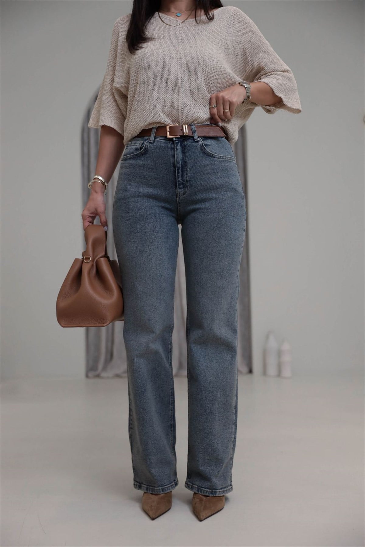 1001 Kemerli Wide Leg Pantolon TİNTLİ MAVİ