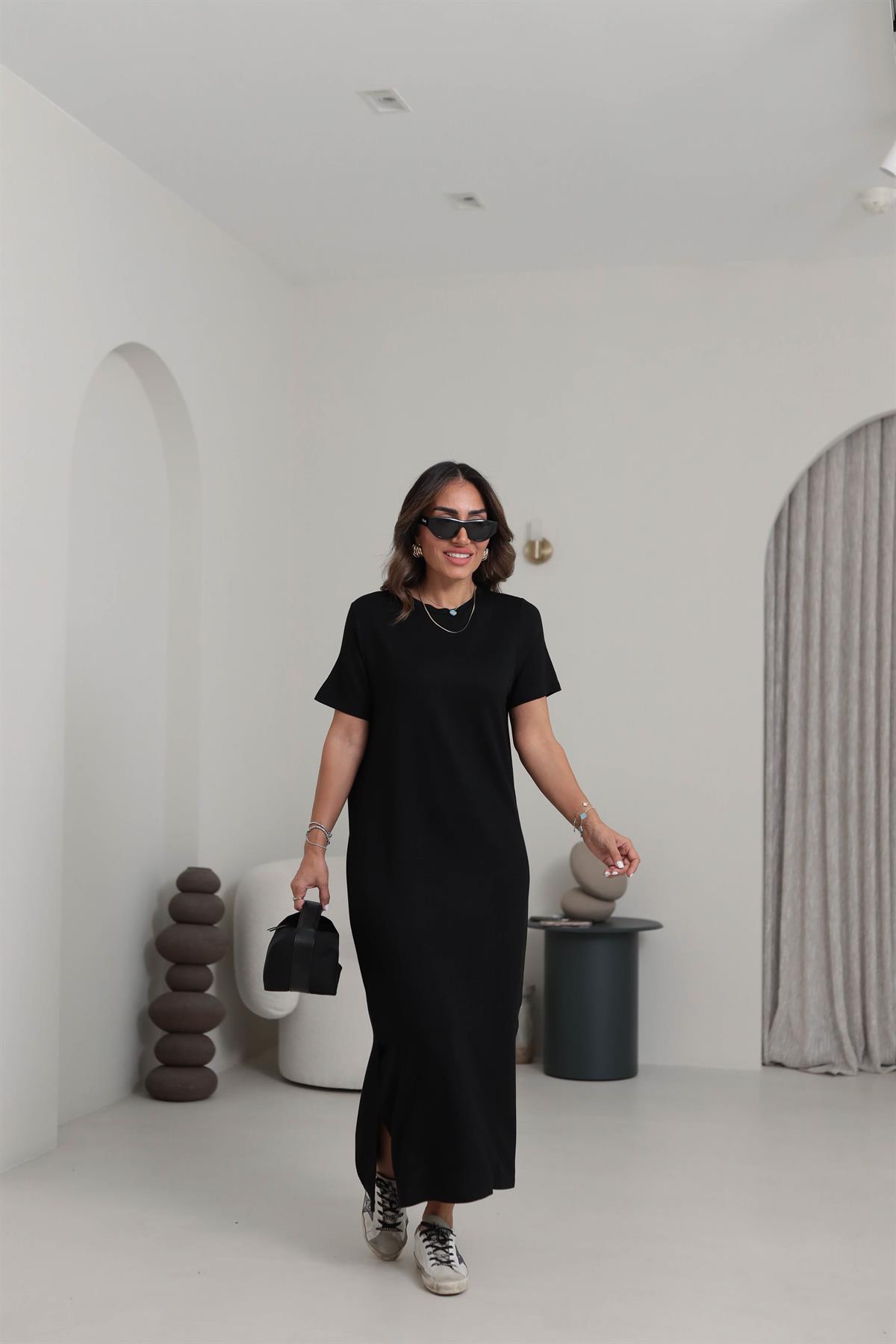 116 Bisiklet Yaka Kısa Kol Yırtmaçlı Modal Elbise SİYAH