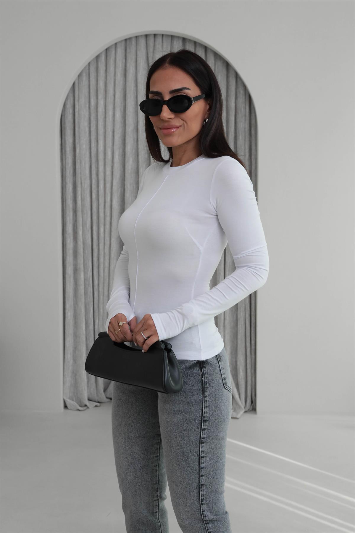 4152 Bisiklet Yaka Çimalı Parmak Geçmeli Body BEYAZ