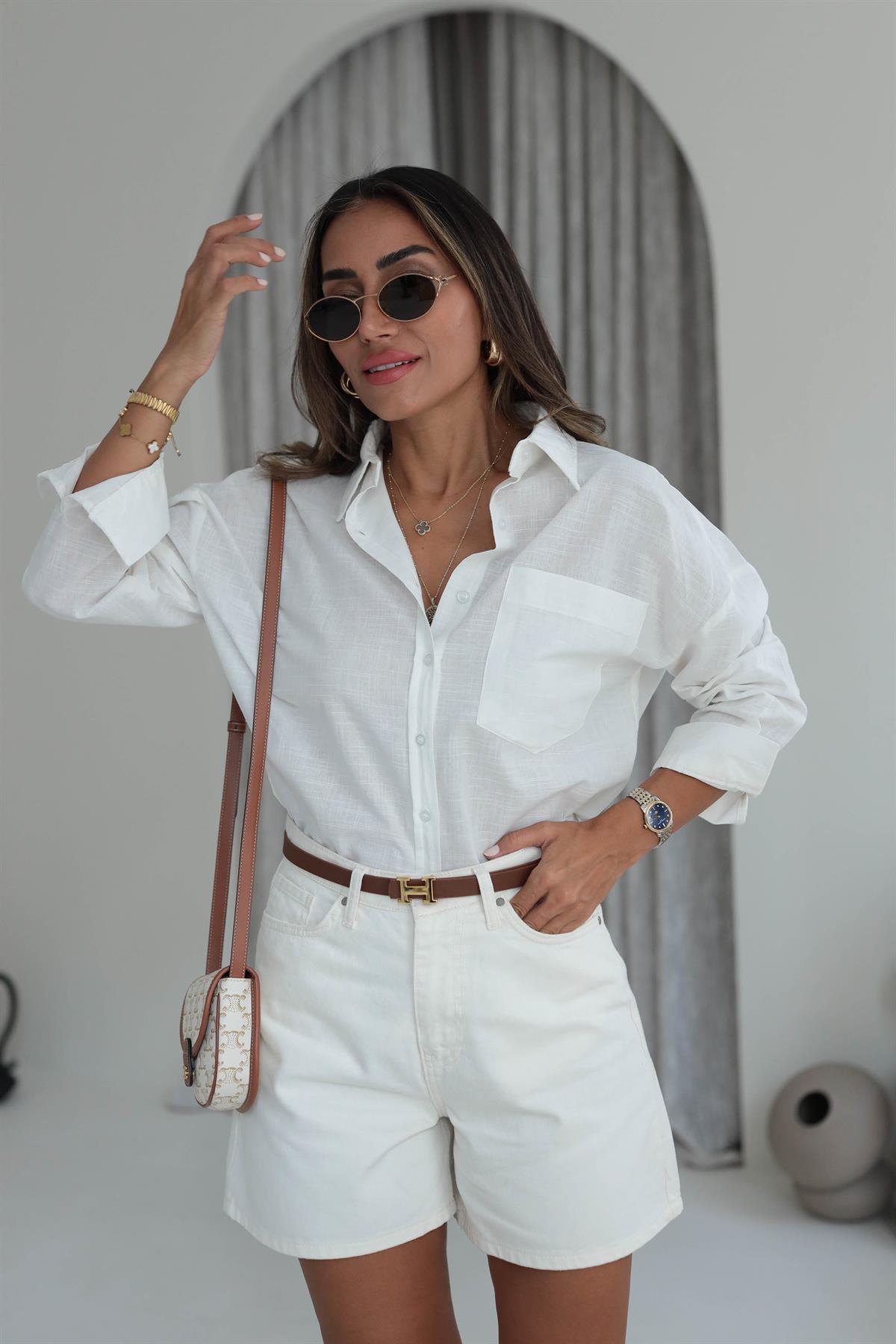 4719 Cep Detaylı Keten Gömlek