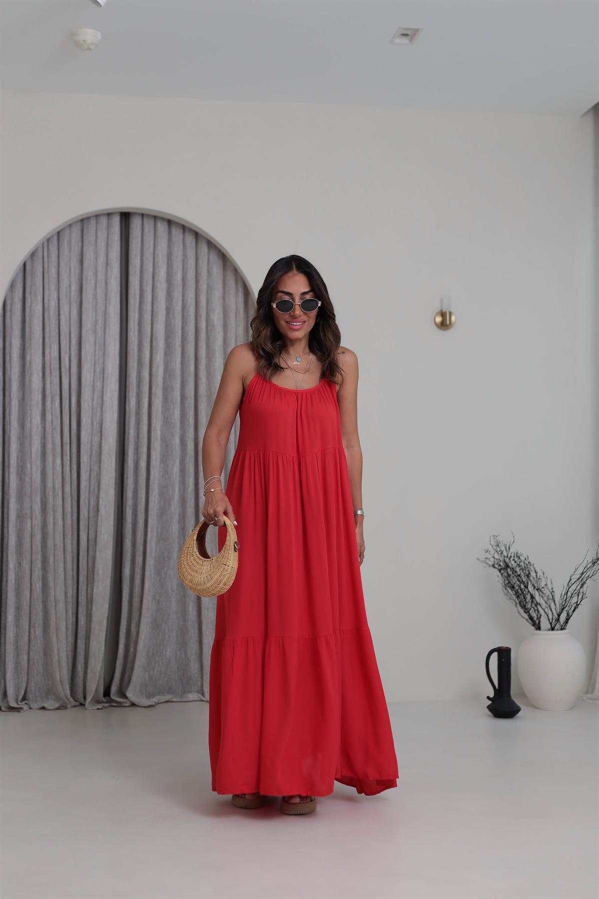 1387 Askıları Ayarlanabilir Viskon Maxi Elbise KIRMIZI