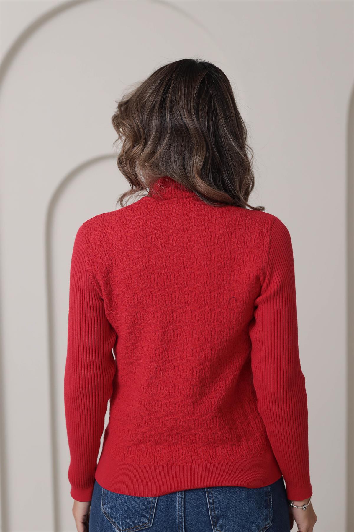 0248 Korspan Dik Yaka V Armalı Yumuşak Triko KIRMIZI