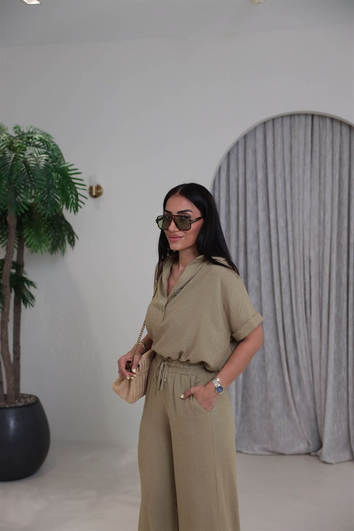 0547 Keten Rahat Bluz Pantolon Takım HAKİ YEŞİL