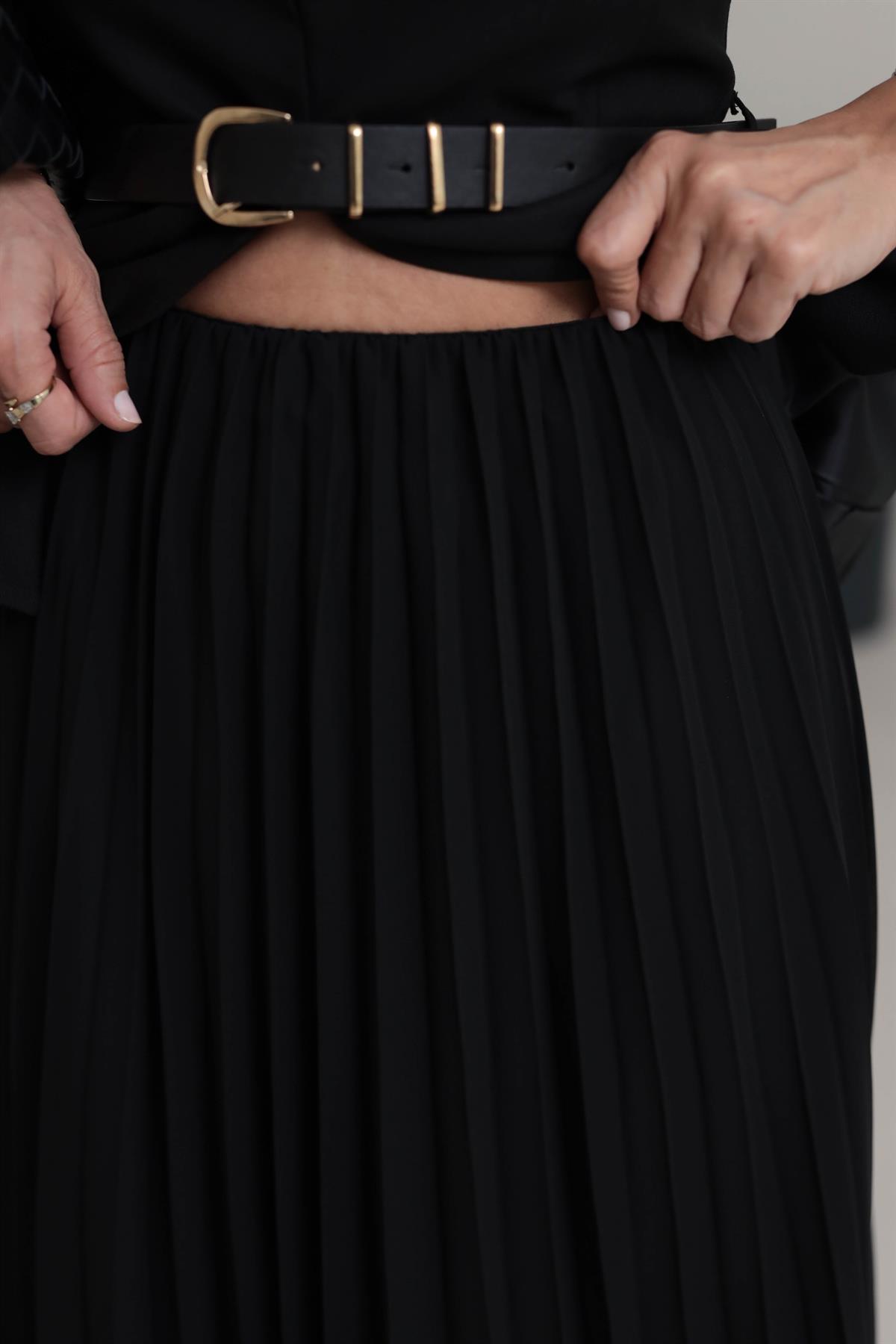 0287 Piliseli Şifon Maxi Etek SİYAH