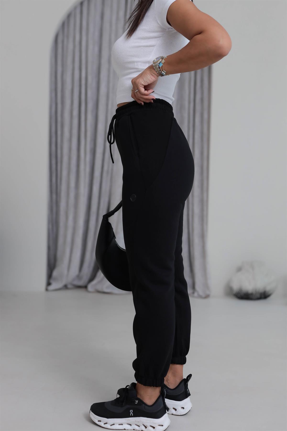 7314 Ribanalı Bel Lastikli 3 iplik Şardonlu Eşofman Altı SİYAH