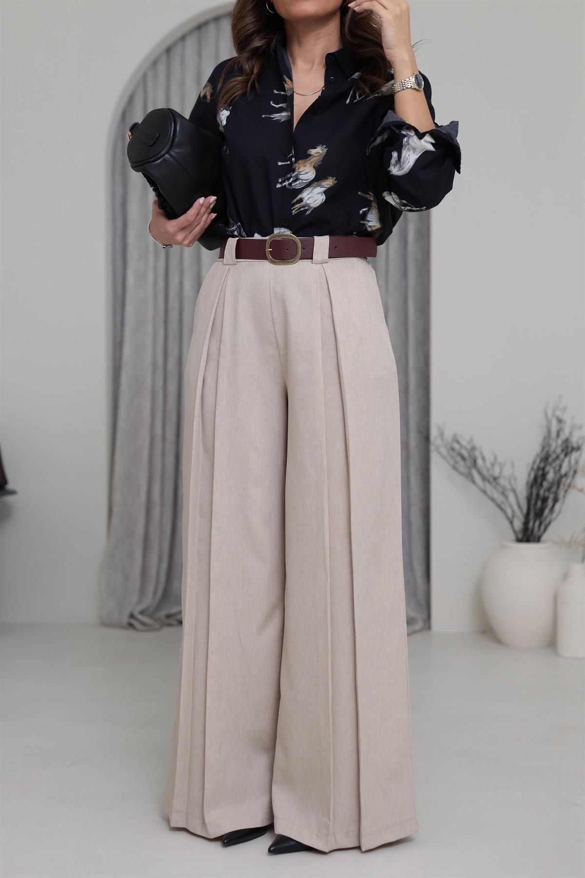 2569 Arka Bel Lastikli Kemerli Palazzo Pantolon BEJ