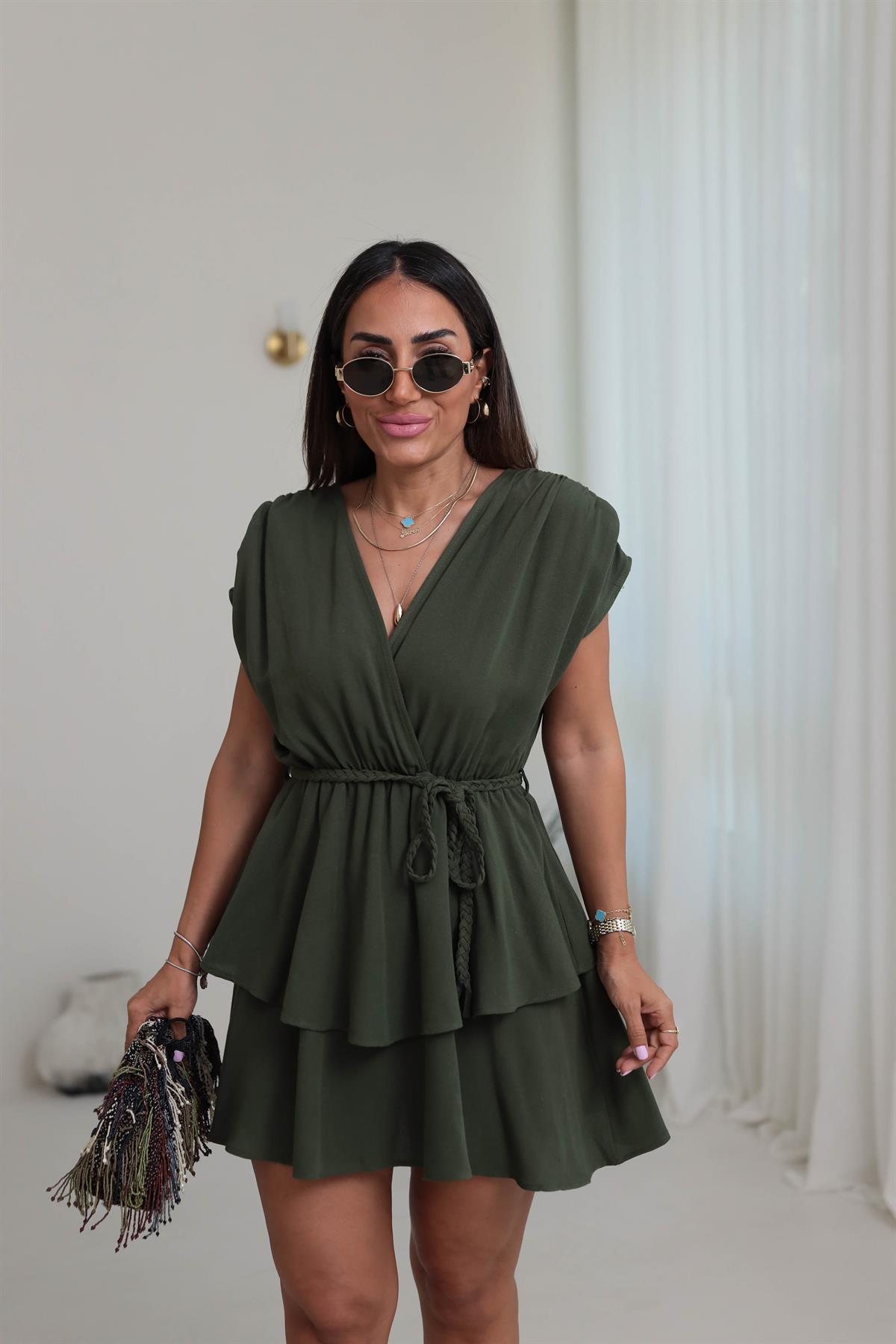 0306 Eteği Kat Kat Kruvaze Kemerli Keten Elbise HAKİ YEŞİL