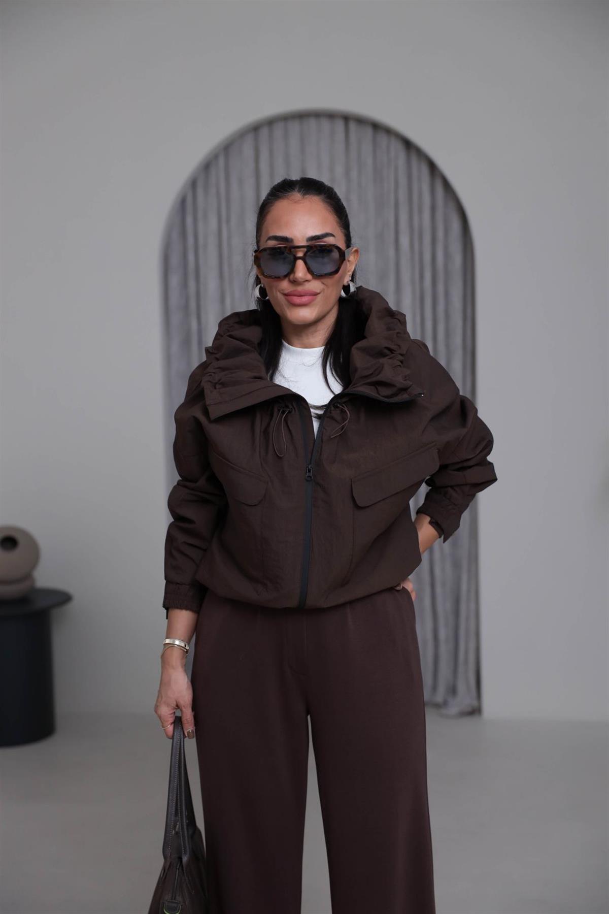 7077 Yaka Büzgülü Önden Fermuarlı Bomber ACI KAHVE