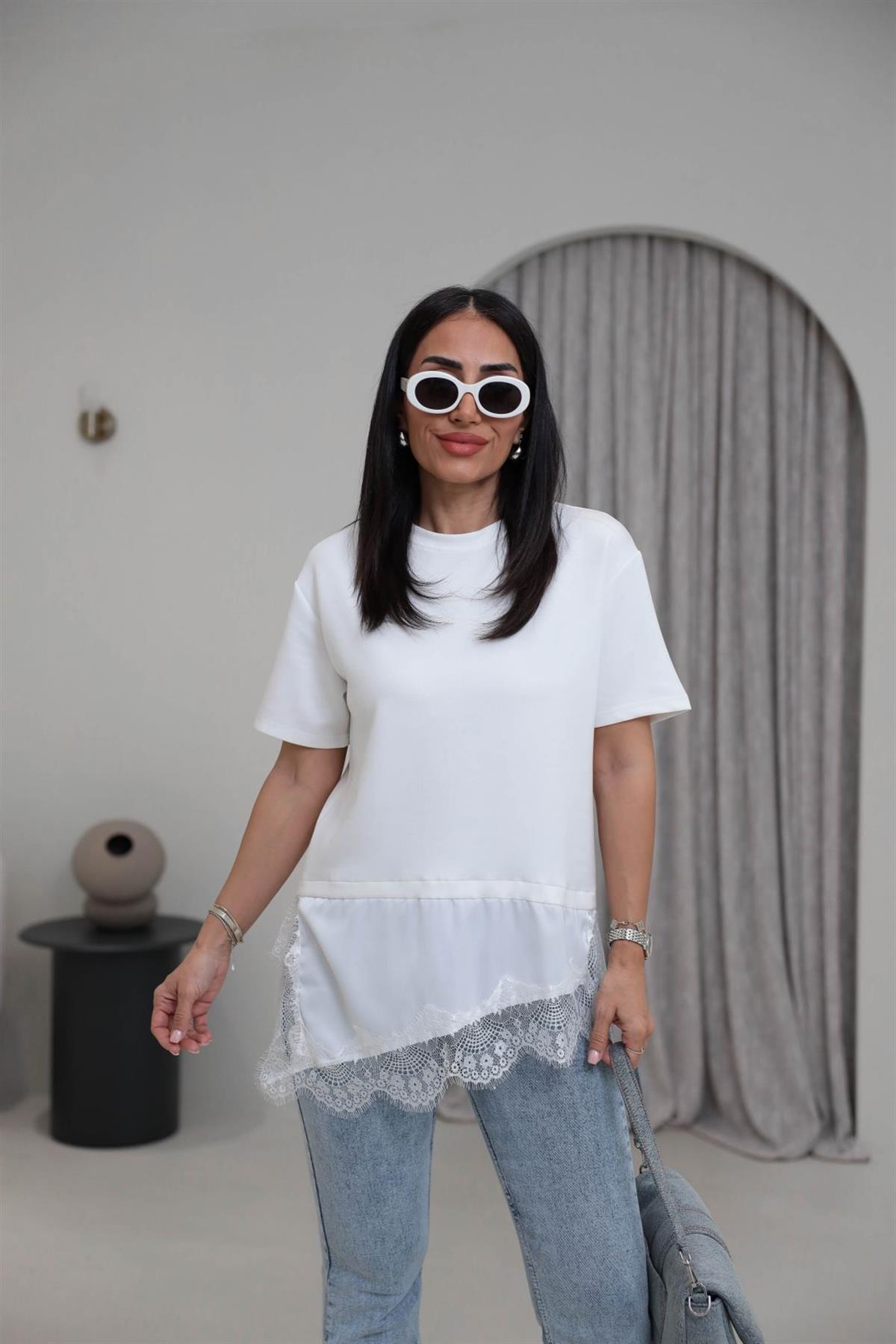 1248 Saten Garnili Dantel Güpürlü Tasarım Tshirt EKRU