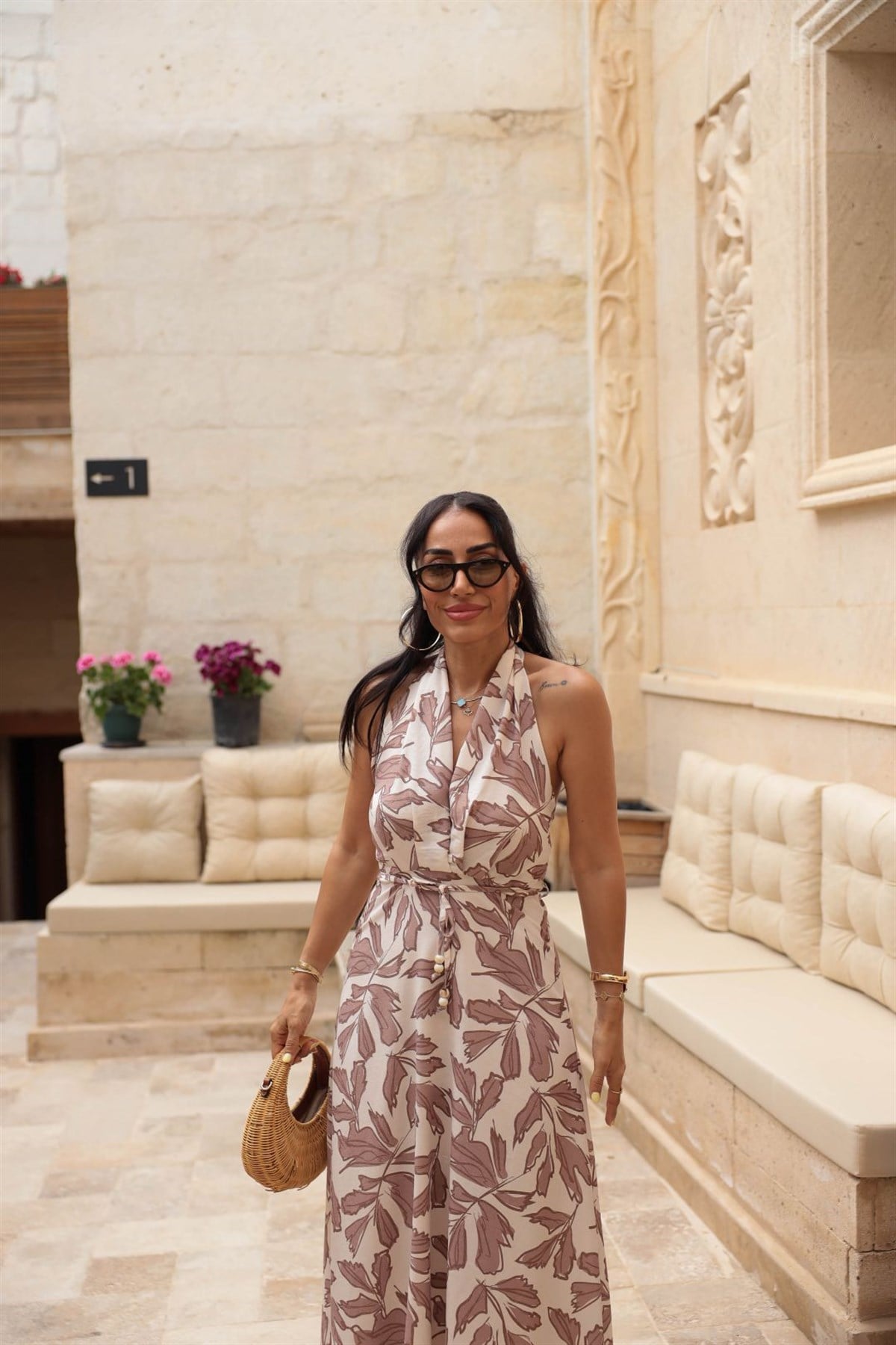 8220 Bodrum Yaprak Desen İnce Keten Elbise KAHVE