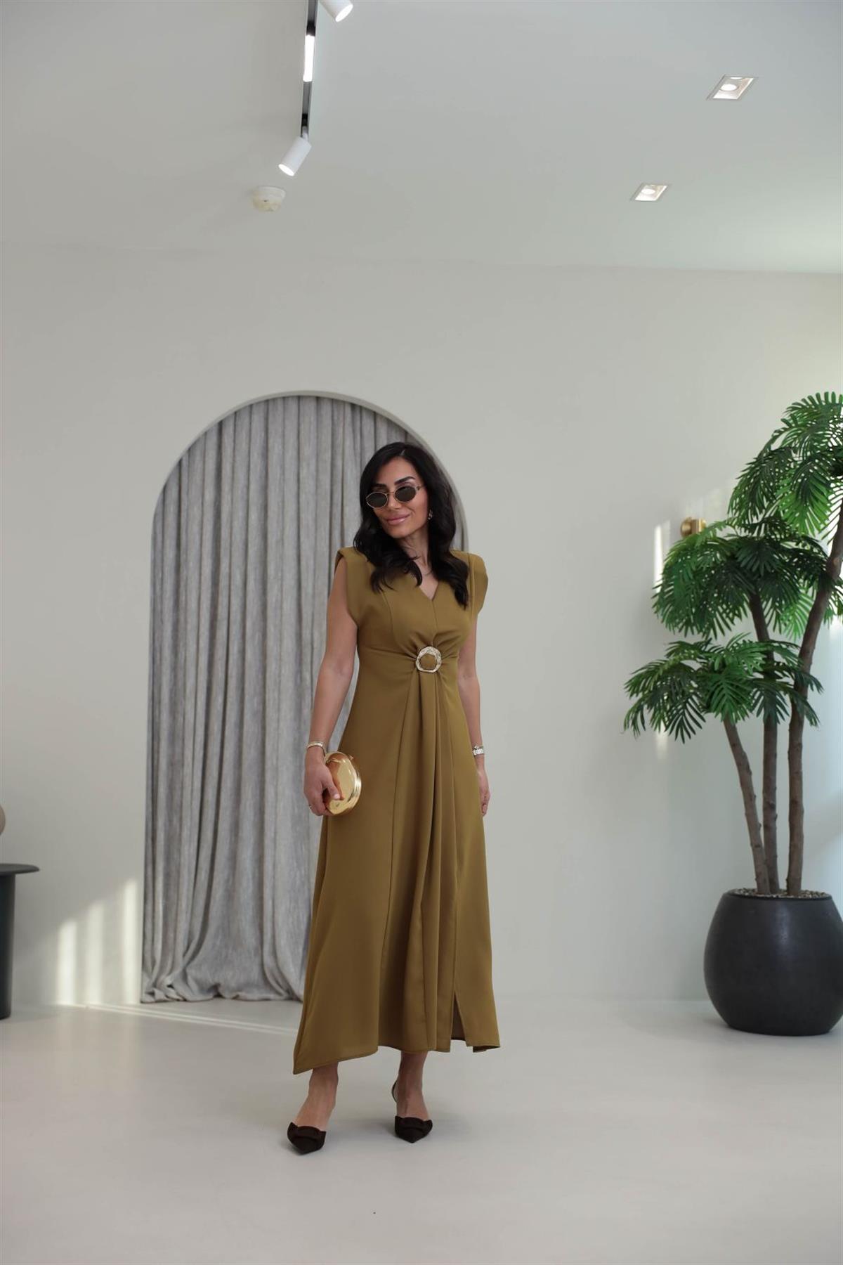 3865 V Yaka Gold Tokalı Maxi Elbise OLİVE