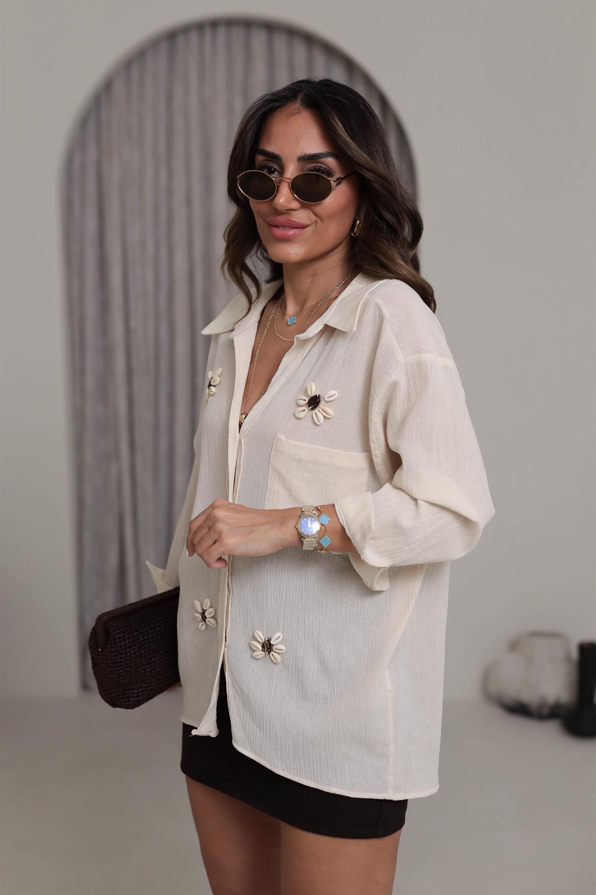 4720 Düşük Omuzlu İşlemeli Gömlek TAŞ