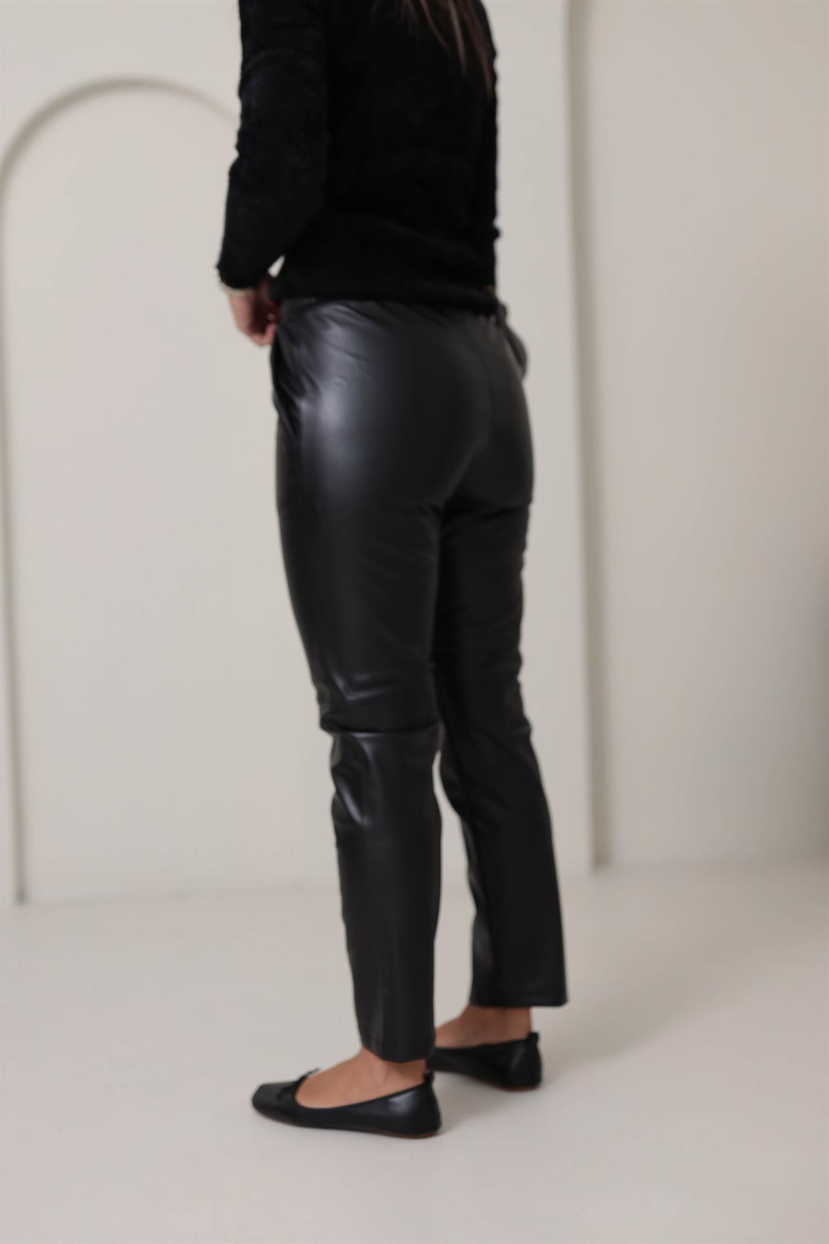 2022 Beli Lastikli Çimalı Deri Pantolon SİYAH