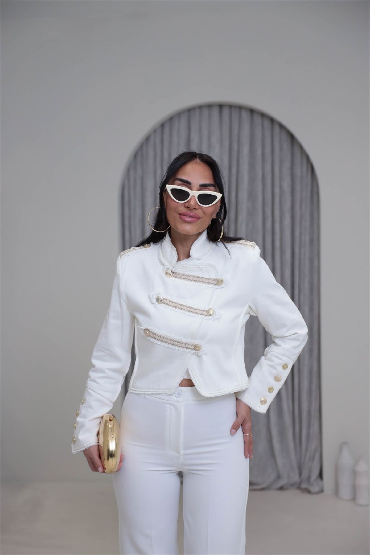 3348 Gold Düğmeli Military Kısa Ceket EKRU