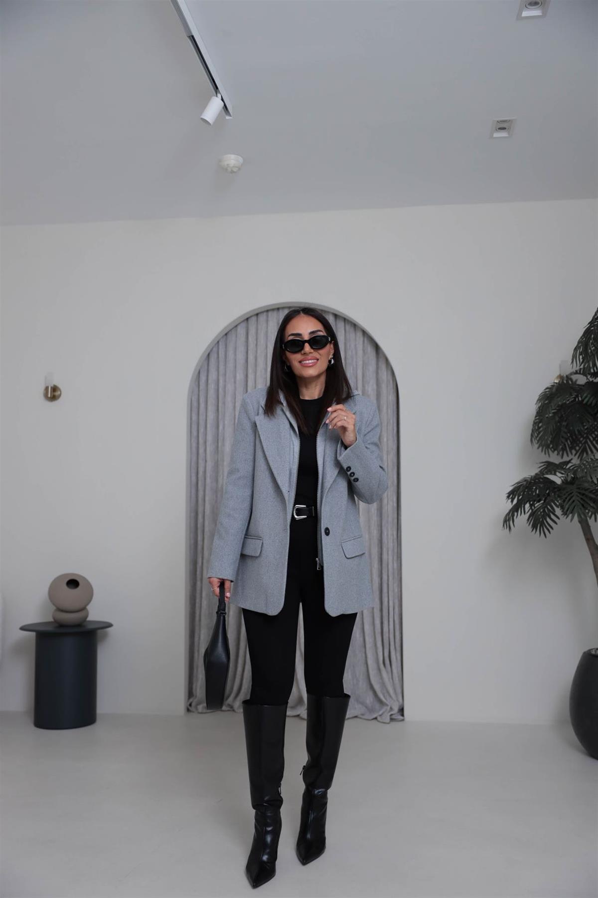 8733K Penye Kapşonlu Kaşe Ceket GRİ